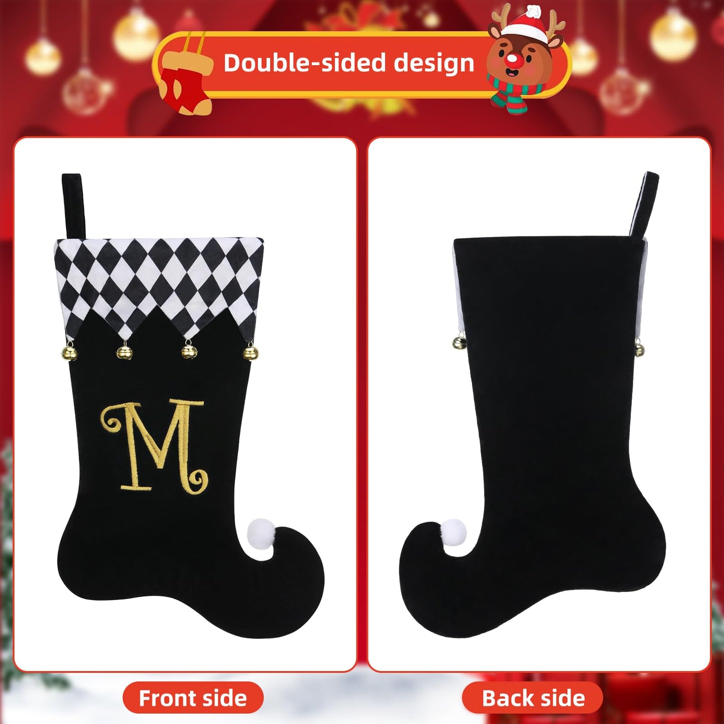TWSANTAMAS Personalized Elf Christmas Stocking - 19 Inch Black Velvet with Gold Monogram, Checkered Cuff & Bells, Fireplace Decor S