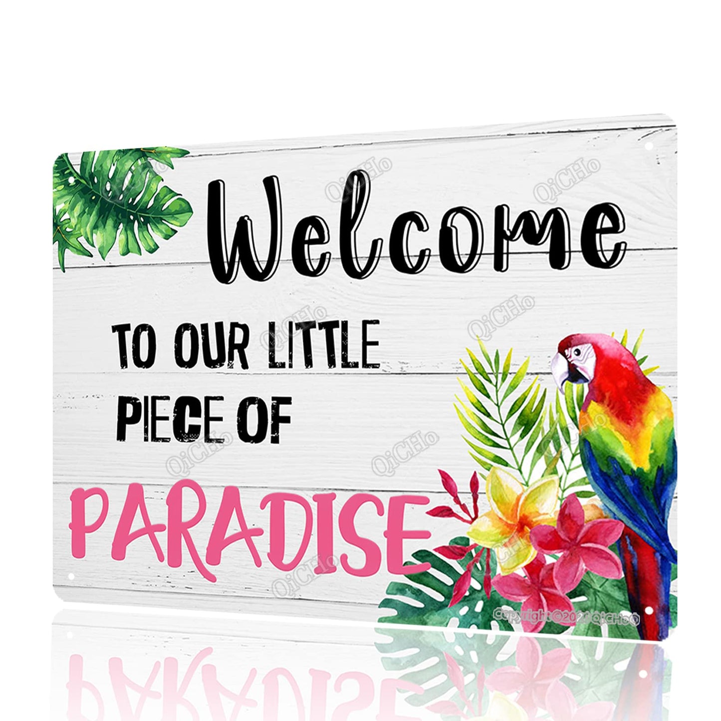 QiCHo Welcome To Our Little Paradise Sign, 8"X12" All Weather Metal Sign, Outdoor Pool Sign, Fun Wall Decoration