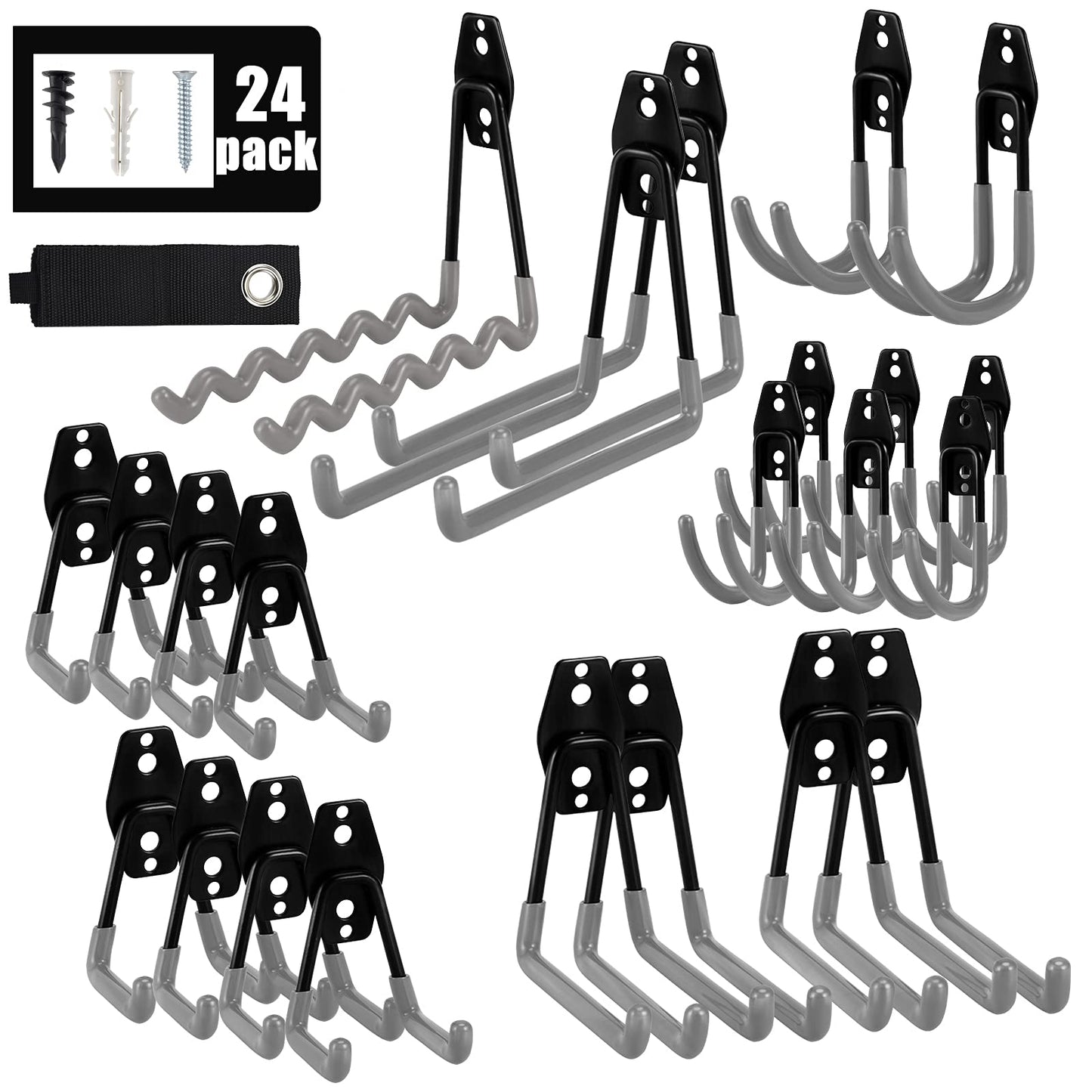 AOBEN 24PCS Garage Hooks, Heavy Duty Double Garage Hanger Organizer Wall Mount Iron Anti-Slip Garage Storage Hooks for Ladder, Power Tool,Bike,Ropes（23 Hooks & 1 hoder Strap-Gray