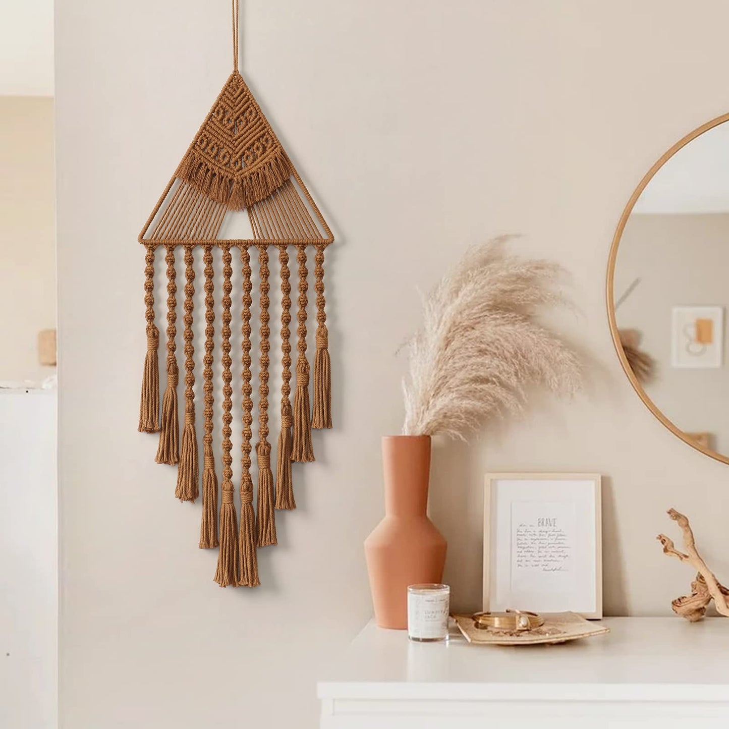 LOMOHOO Macrame Woven Wall Hanging Dream Catcher Triangle Tassel Geometric Art Boho Backdrop Bohemian Home Decor Wall Art Beautiful Apartment Dorm Room Door Decoration(Brown)