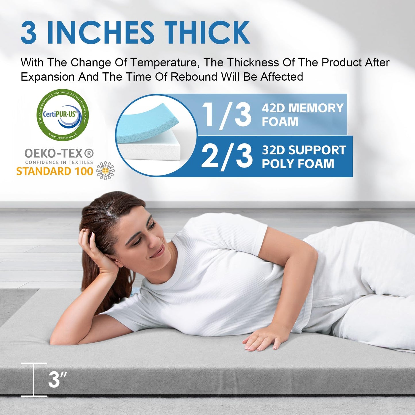 KingChii CertiPUR-US Memory Foam Camping Mattress, Portable Roll Up Travel & Car Mattress Sleeping Pad, Cot & Guest Bed for Sleepover with Waterproof Cover & Travel Bag