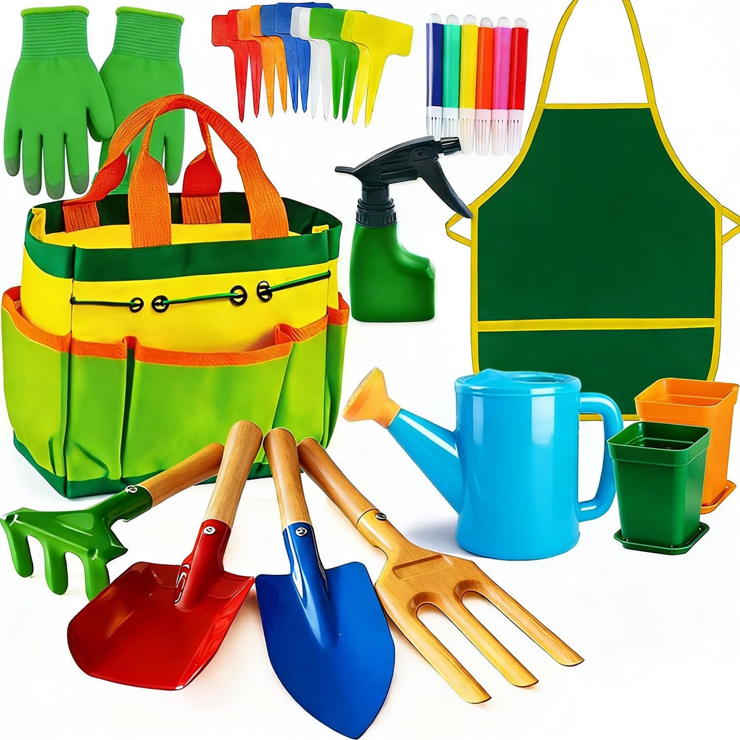 Kids Gardening Tools, Toddler Gardening Set for Kids Includes Rake, Shovel, Trowel, Apron Gloves Watering Can and Tote Bag, Spray Bottle, Kids Garden Tools Best Outdoor Toys Gift for Boys and Girls