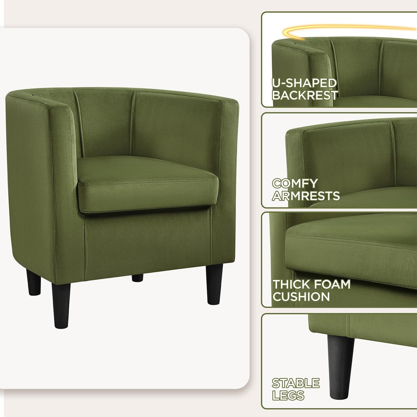 Yaheetech Velvet Accent Chair, Modern and Comfortable Armchairs, Upholstered Barrel Sofa Chair for Living Room Bedroom Waiting Room, Olive Green