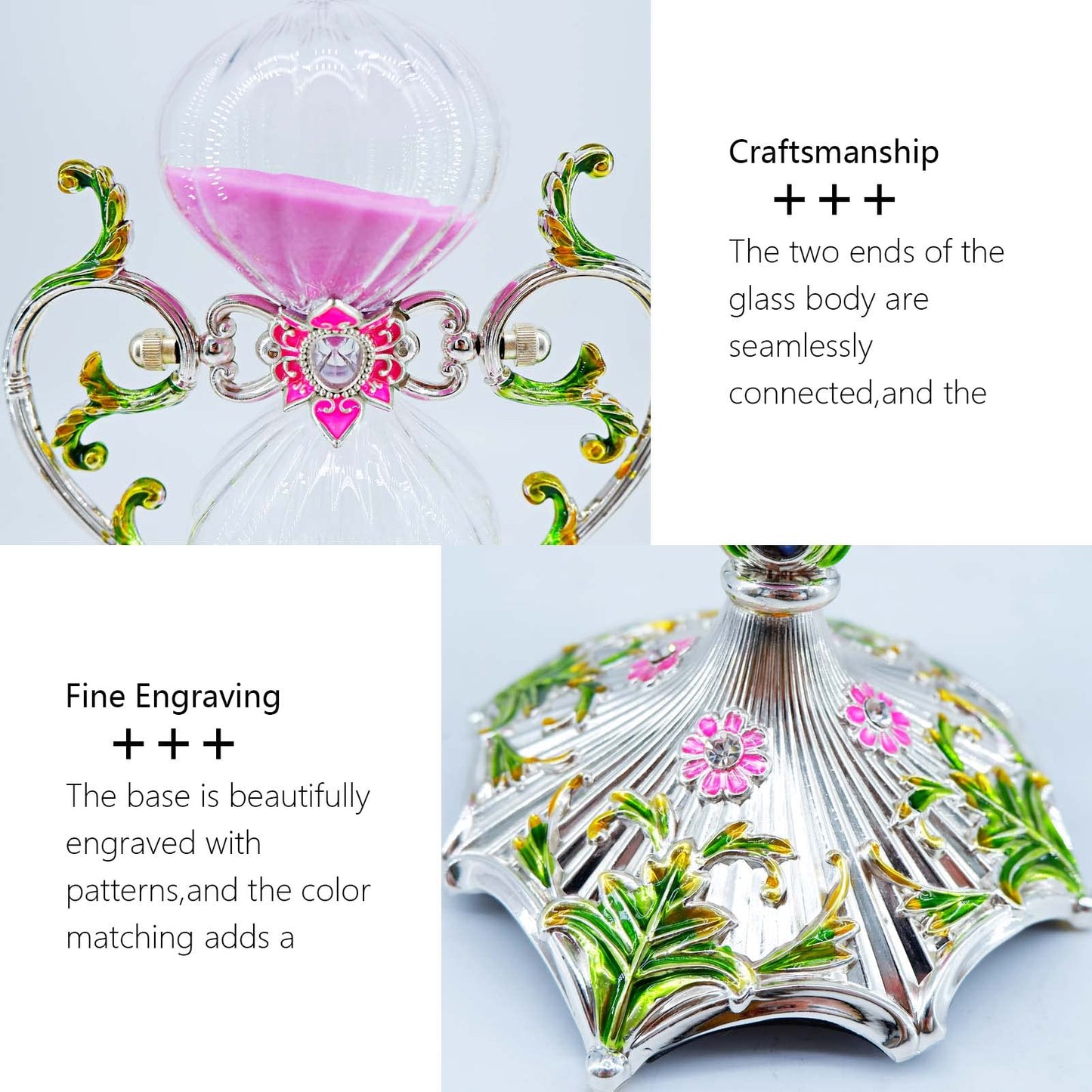 Hourglass Sand Timer Decorative,360° Rotating Metal White Sand Watch 30 Min,Antique Hour Glass Decor for Office Desk- Crafts,Ornaments(Pink Sand)