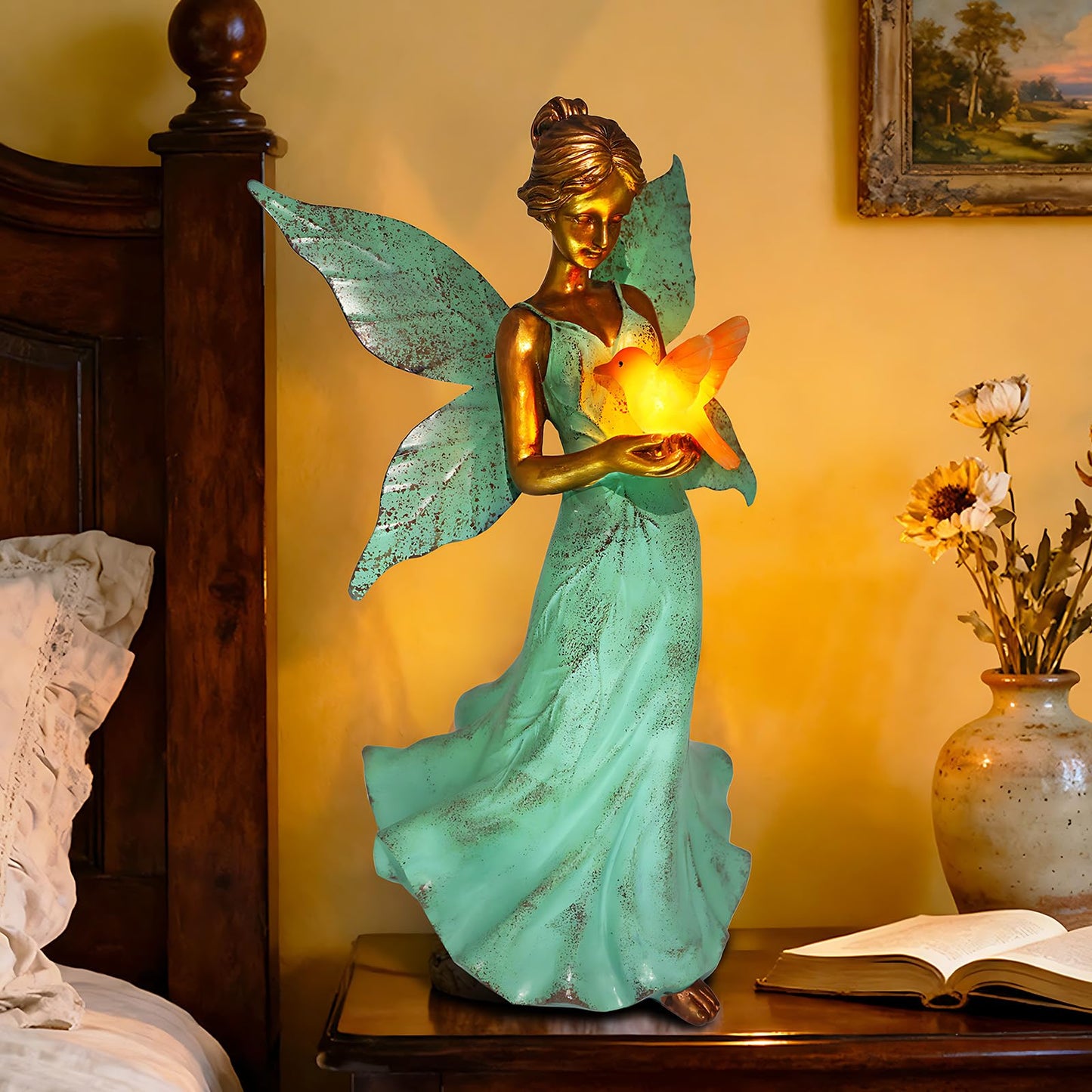 Solar Fairy Garden Statue Decor - Gifts for Women Mom Mother's Day, 10 Inch Angel Girls Resin Figurine Waterproof Home Decoration with Hummingbird LED Lights for Bedroom Balcony Table Yard Patio