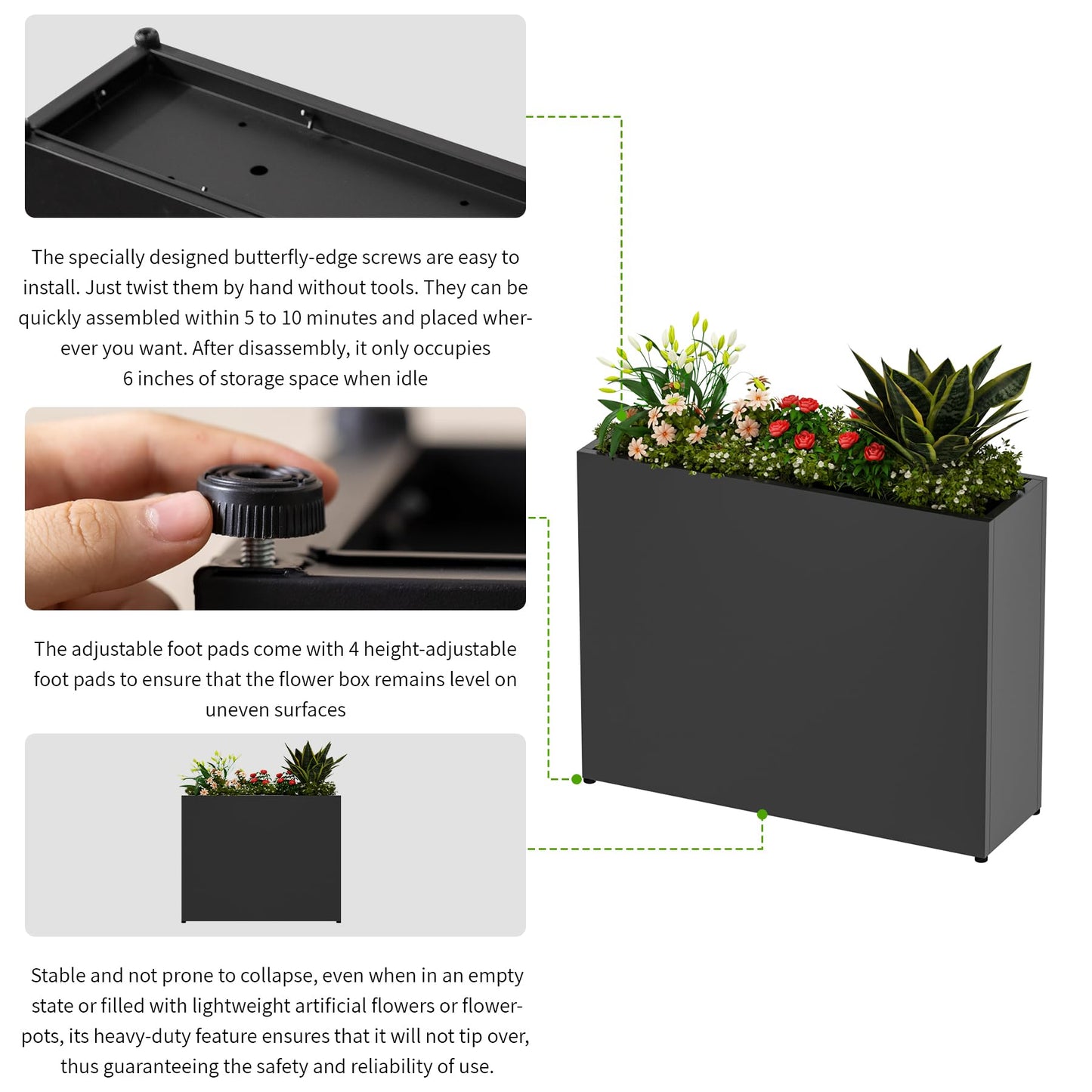 GMTALNBO 38" L x 10" W x 30" H Black Planter Box - Thickened Galvanized Steel with Weather-Resistant Coating, Heavy-Duty Raised Garden Bed for Outdoor Plants, Easy Assembly & Adjustable Feet