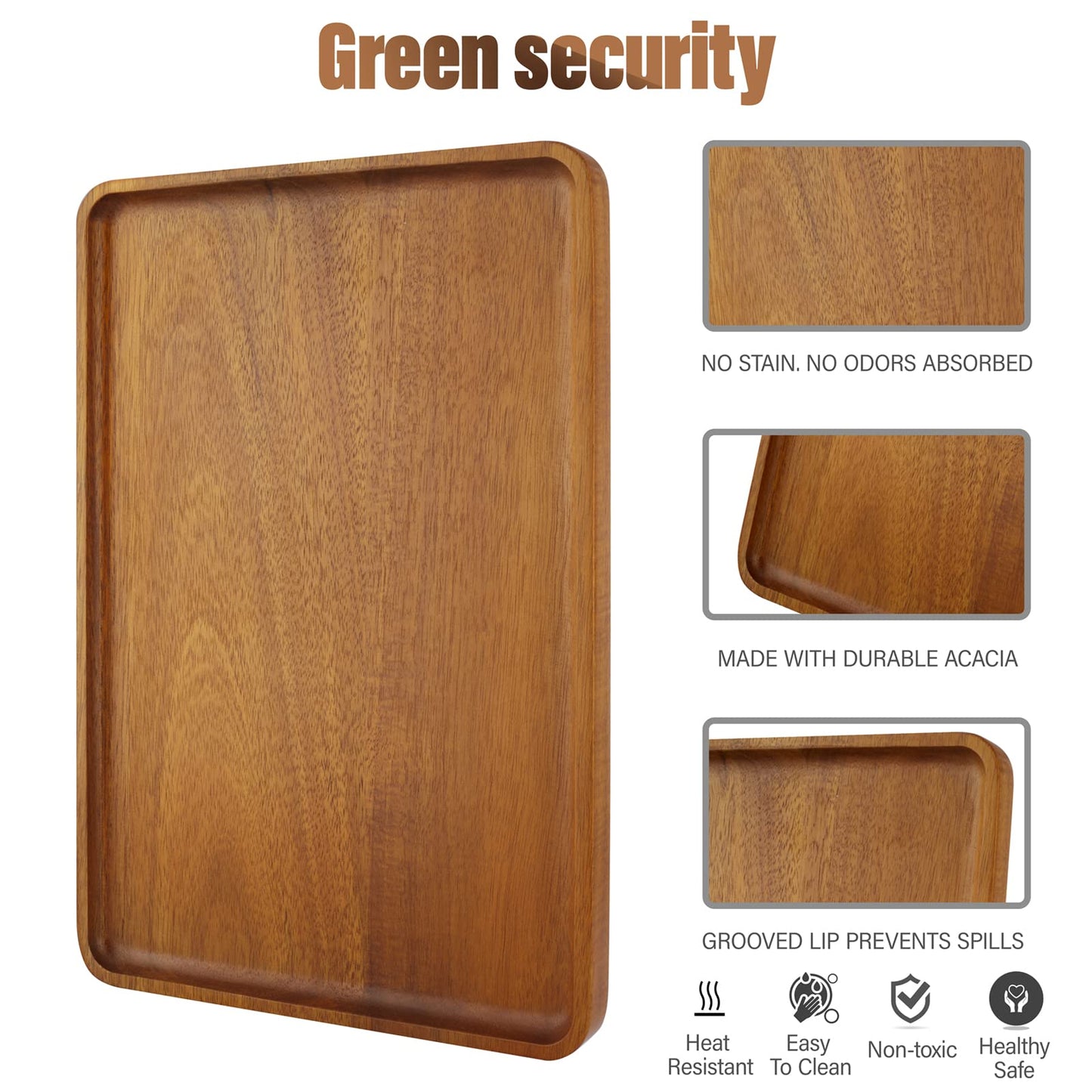 Charmlife 16" x12" Large Solid Acacia Wood Serving Tray Rectangular Wooden Serving Platter Natural Wooden Board for Bar Coffee Party