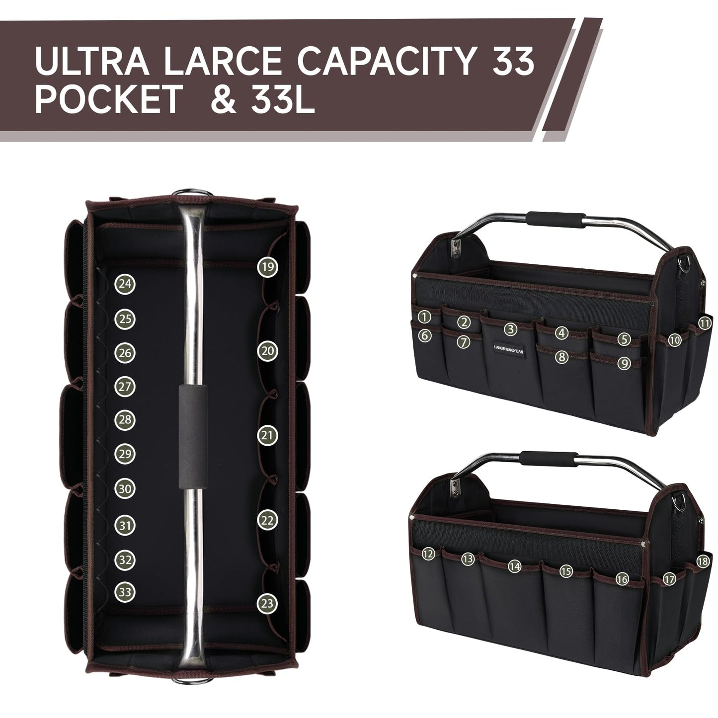 16 In Tool Carrier, Open Top Tool Tote 30 Pockets, Waterproof Tool Bag For Men, Foldable Wide Mouth Electricians Tool Bag, With Stainless Steel Handle and Removable Shoulder Strap
