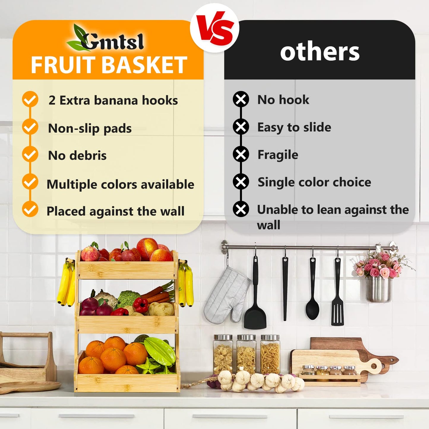 Gmtsl Bamboo Fruit Basket for Kitchen – 3 Tier Fruit Bowl For Kitchen Counter, Large Fruit Holder With 2 Banana Hangers, Idea For Fruit and Vegetable Storage, Bread Basket, Snack Organizer(Bamboo)