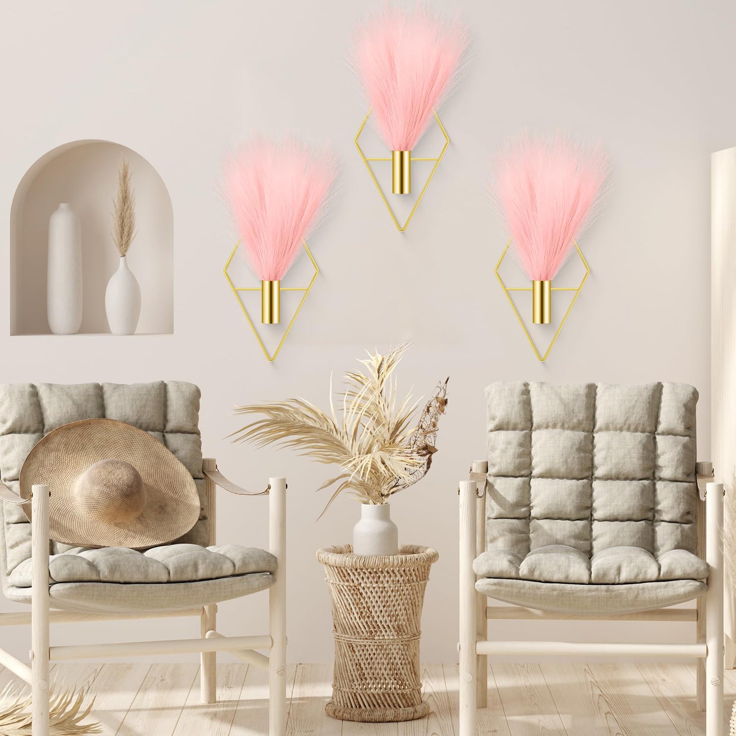 Hanaive 4 Sets Boho Gold Wall Decor Metal Wall Art Hanging Planters with Artificial Pampas Display Art Modern Home Metal Vase for Bedroom Living Room Home Office(Gold, Pink)