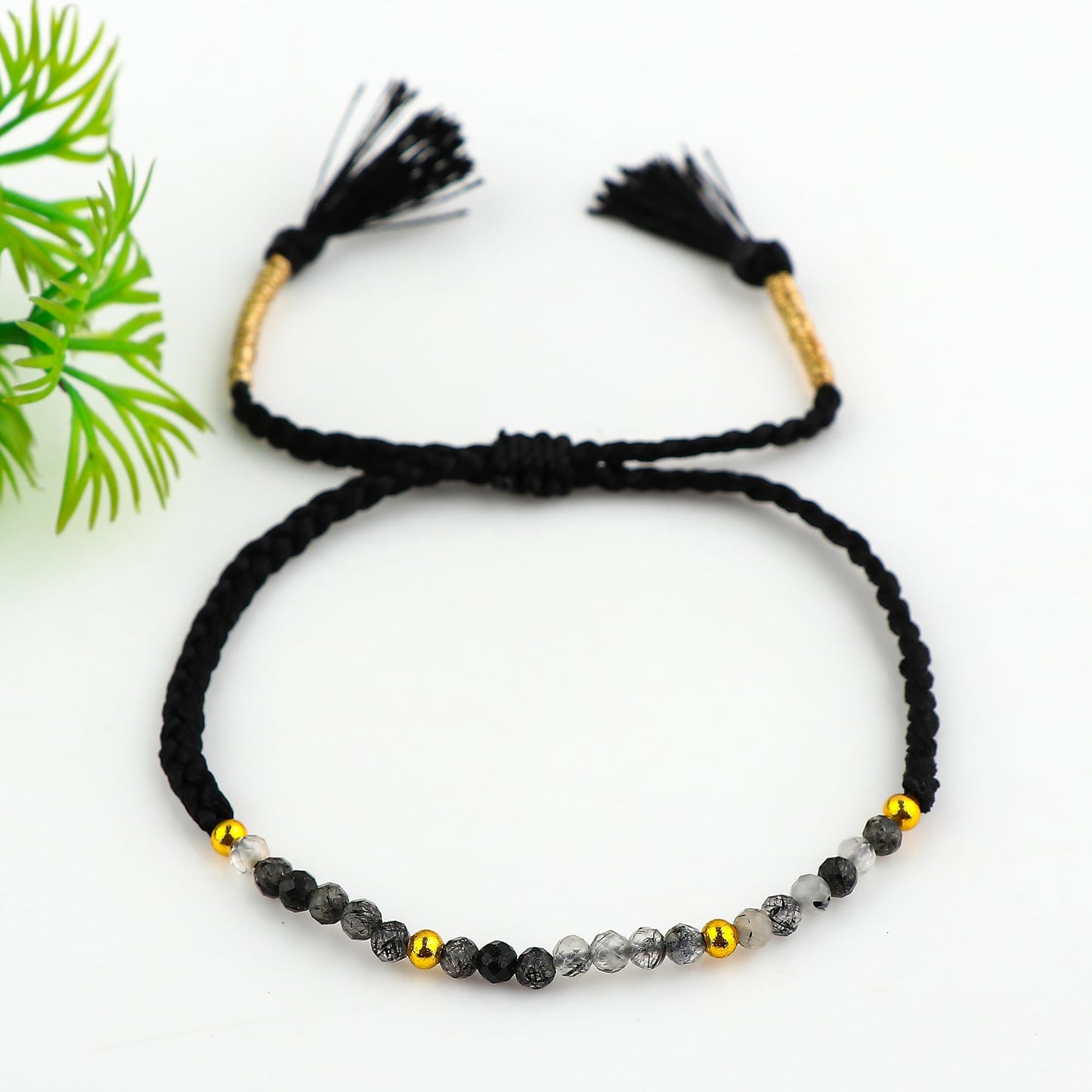 GEMSYMPHONY Black Rutilated Gemstone Beads Braided Bracelet – 3.5mm Natural Stone Beads, Handmade Adjustable Braided Rope Bracelet, Healing Crystal Jewelry for Men & Women, Unisex Boho Gift