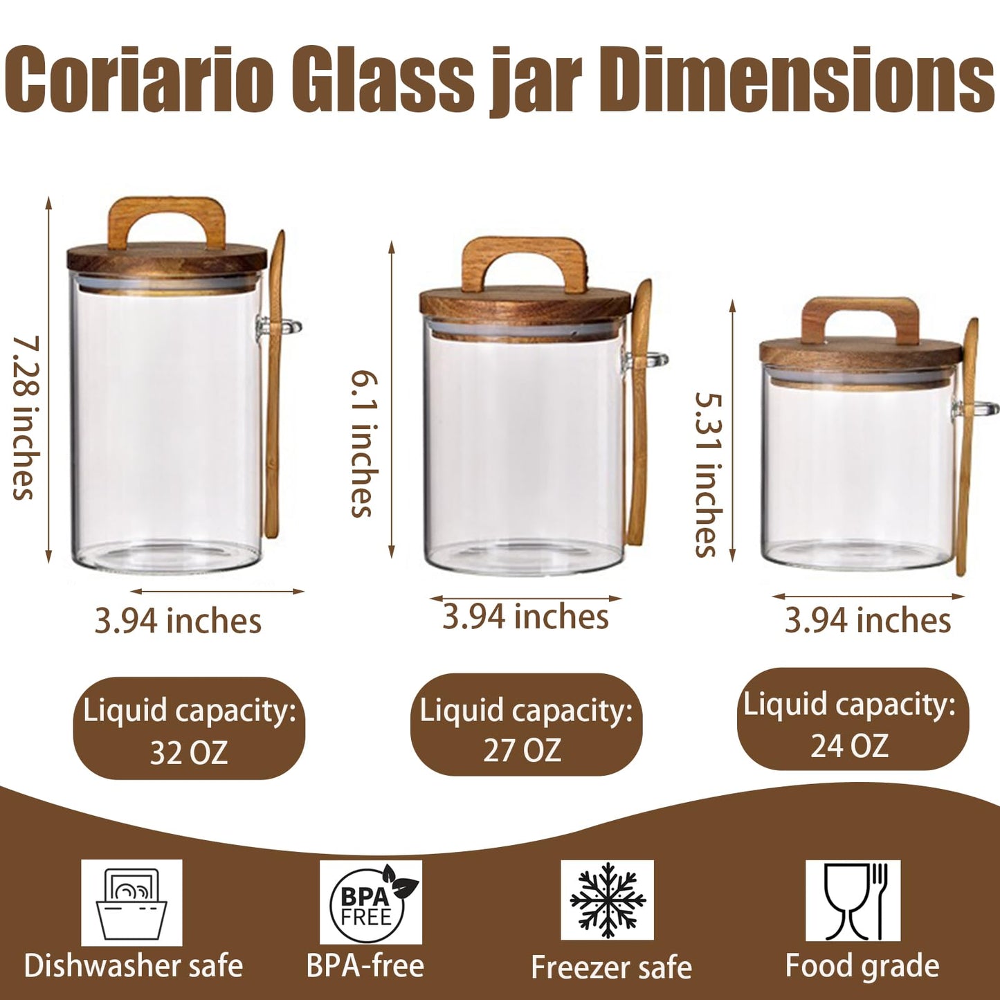 Coriario 24 OZ Glass Jar with Wooden Lid and Spoon Airtight Glass Candy Jars Wide Mouth Clear Glass Coffee Storage Canister Handle Lids for Food Sugar Cookie Tea Decorative