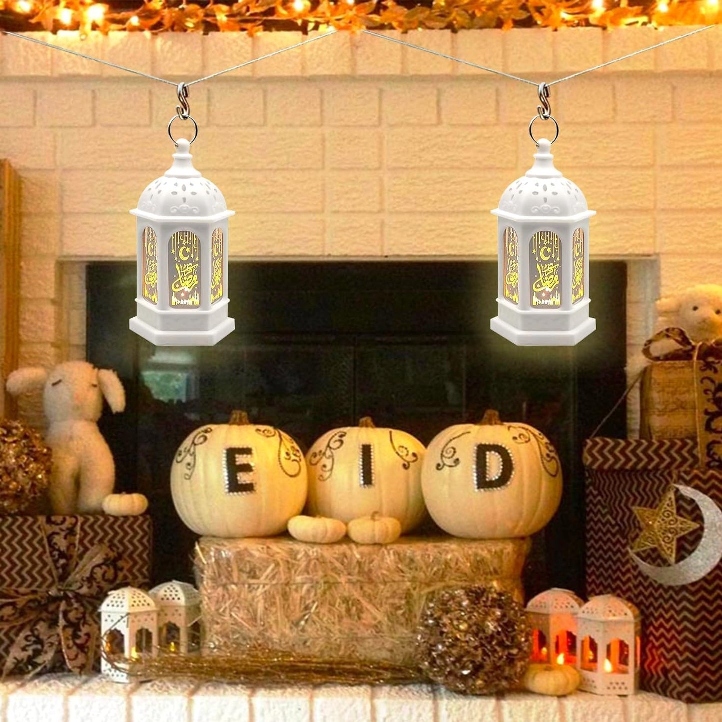 LED Ramadan Lanterns Decorations, Eid Decorations for Home and Table, Small Ramadan Lights with Hanging Rings, Moon & Star Eid Decor, Islamic Home Decor & Muslim Eid Gift (2 Pack)