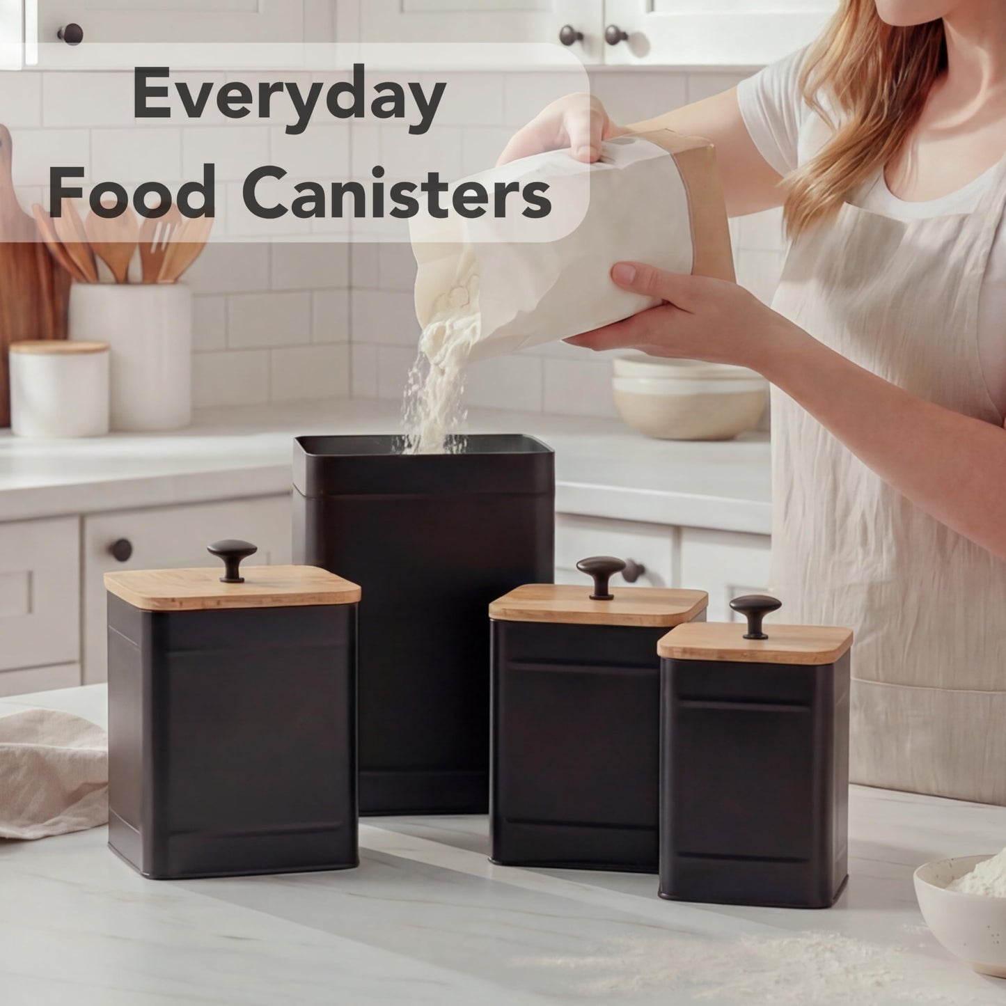 PERFNIQUE Kitchen Canisters, Airtight Canister Sets for Kitchen Counter, Kitchen Canisters for Countertop Set of 4, Coffee Tea Sugar Flour Spice Tin Jars Food Storage Container with Lid(Black)