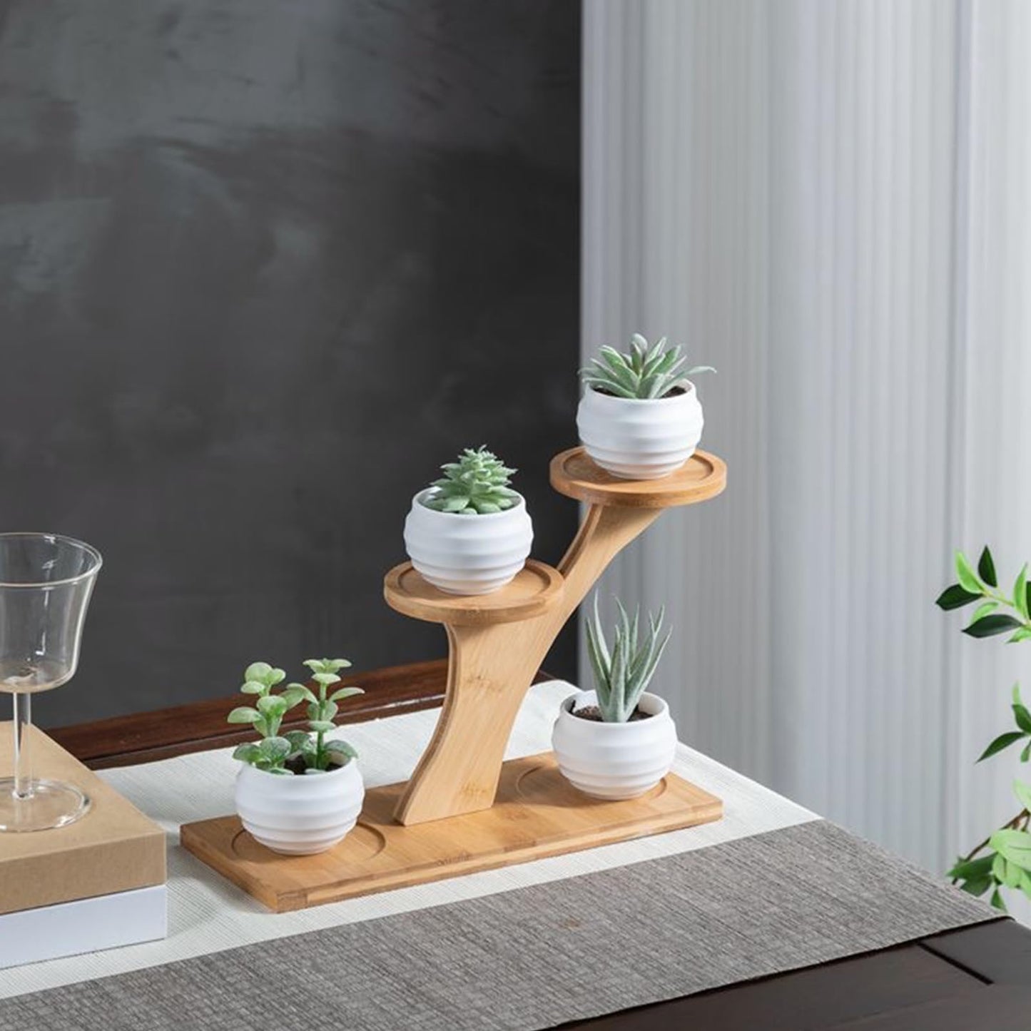 QruiLanTu Window Sill Plant Shelf，Desk Desktop Bamboo Plant Stand， Table Succulent Plant Stand for Home, Office, Living Room, Bedroom Decoration(2set)