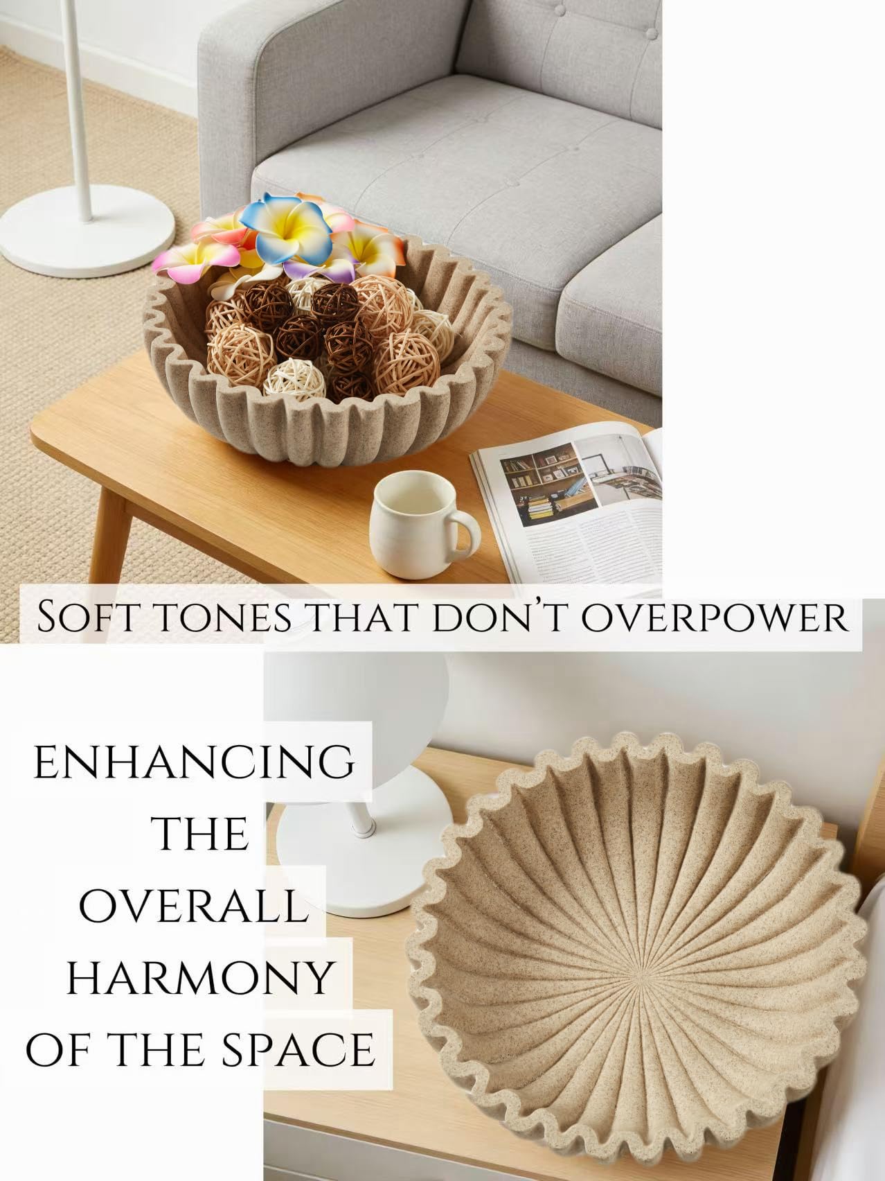 WVTANVW Ruffle Decor Large Decorative Bowl,fruit bowl kitchen stone bowl,bowl decor,Trendy home decor large Stylish Key Bowl for Entry Table