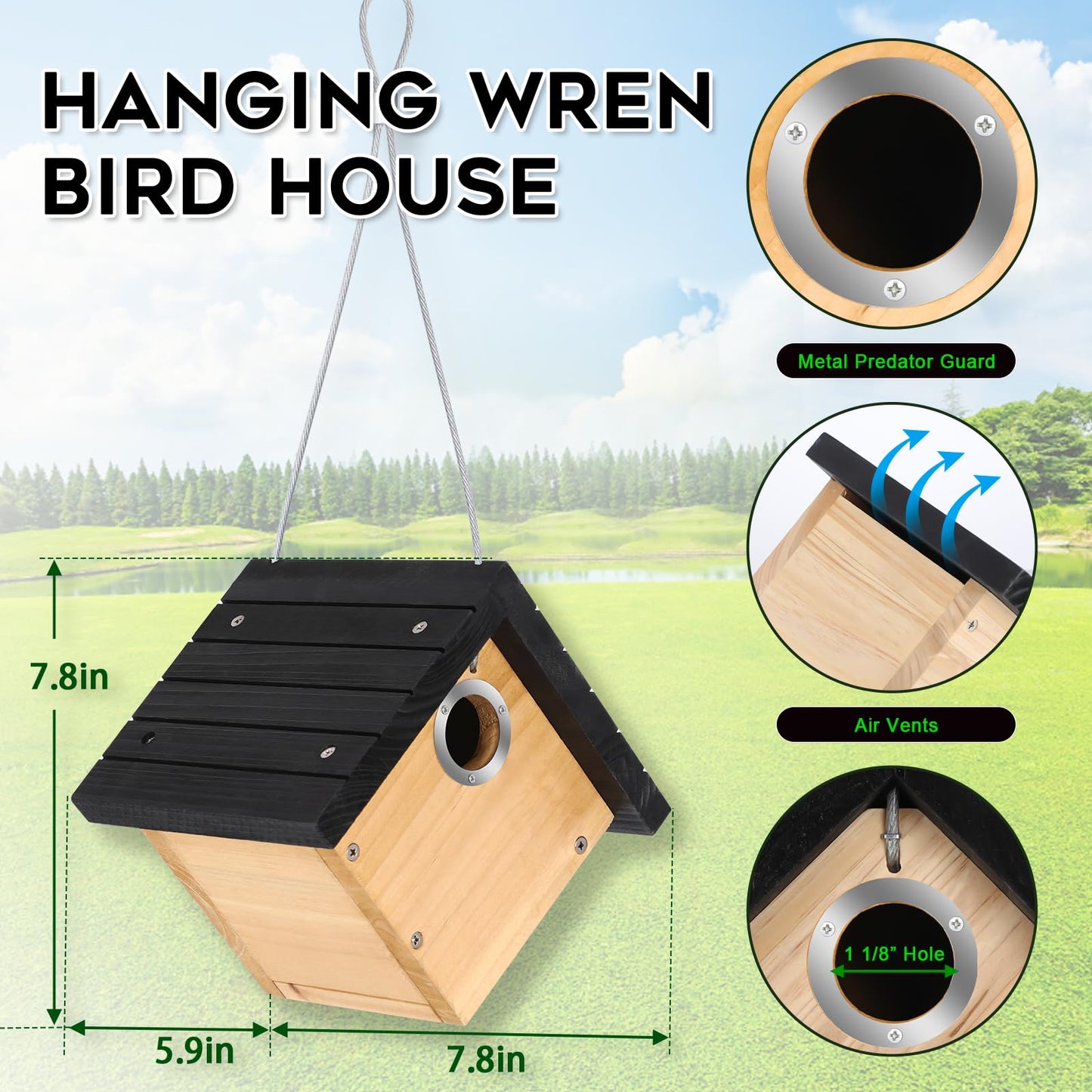 Gtongoko Hanging Wren Bird Houses for Outside, Cedar Wooden Bird Houses for Outdoors, Bird Nest with Air Vents, 1-1/8"Entrance Hole, Clean Door for Wildbird Watching, 1 Pack Black