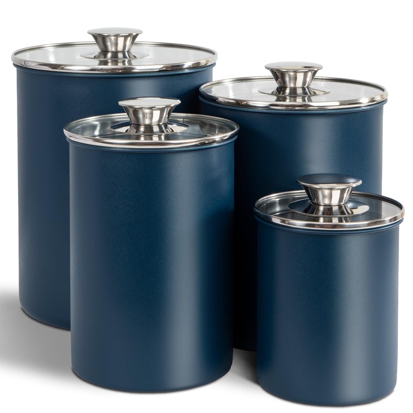 malmo Stainless Steel Food Canister Set of 4-Piece, 16/49/85/132 Ounces,Airtight Containers with Glass Lid for Tea,Coffee,Sugar,Flour,Pantry Kitchen Storage Storeroom Counter (Blue)