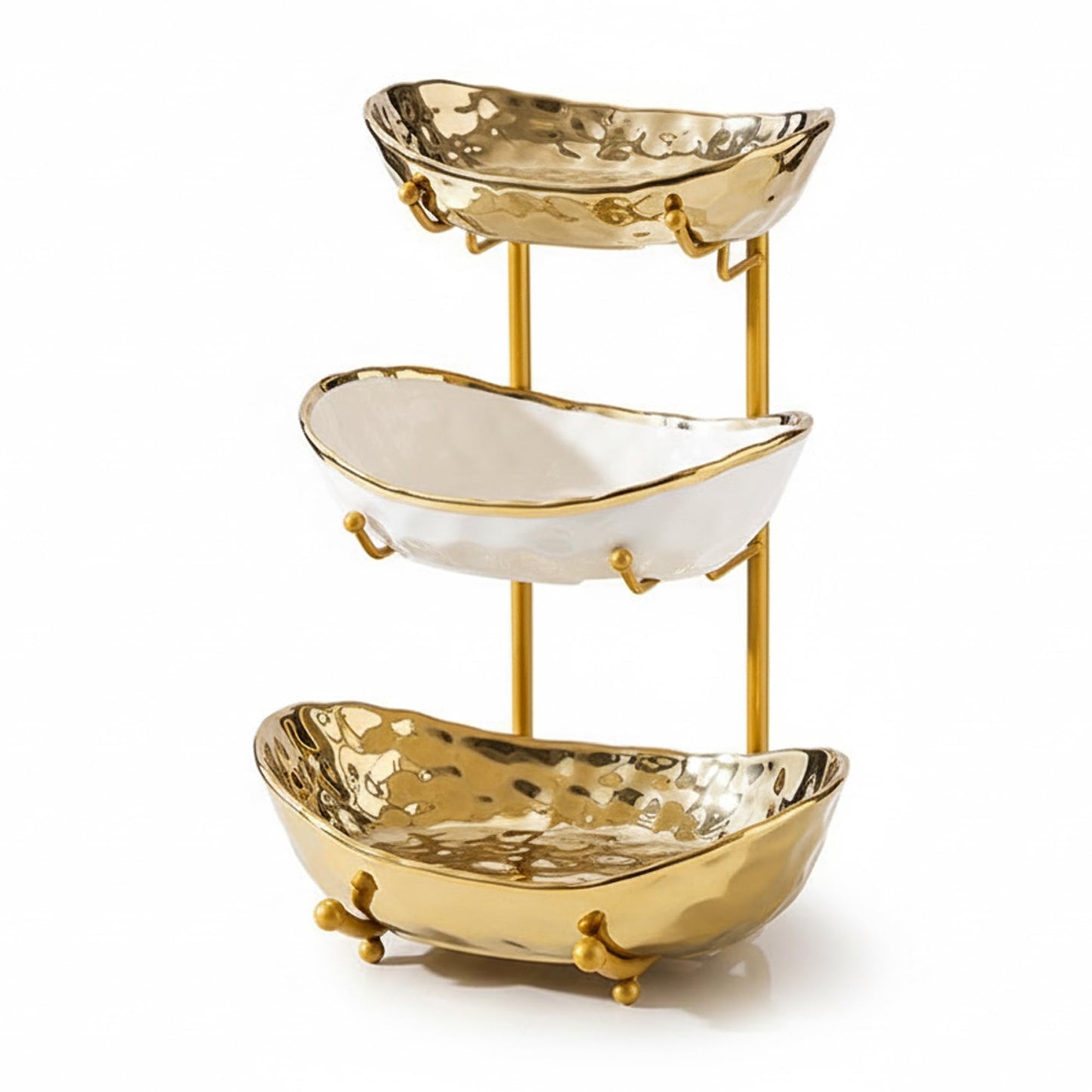 YYW 3-Tier Ceramic Fruit Bowl with Metal Stand - Elegant Countertop Organizer for Kitchen/Living Room, Holds Desserts, Snacks & Nuts - Home & Party Use (Golden)
