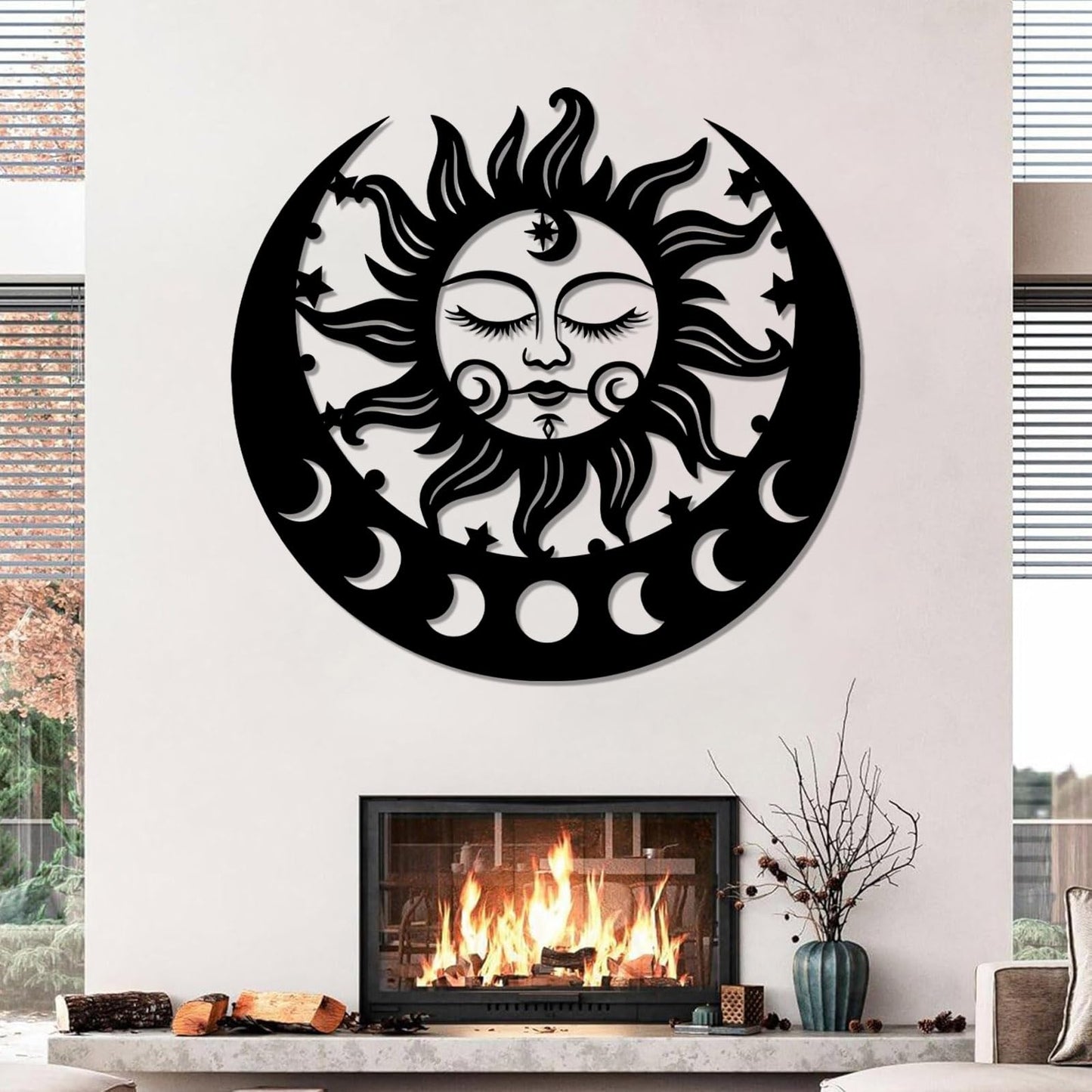 Sun and Moon Metal Wall Decor, Moon Phase Metal Wall Decor, Boho Celestial Wall Art, Celestial Sun Moon Wall Art, Large Sun Face Wall Hanging for Living Room, Outdoor (Black, 38"x35"/96x90cm)