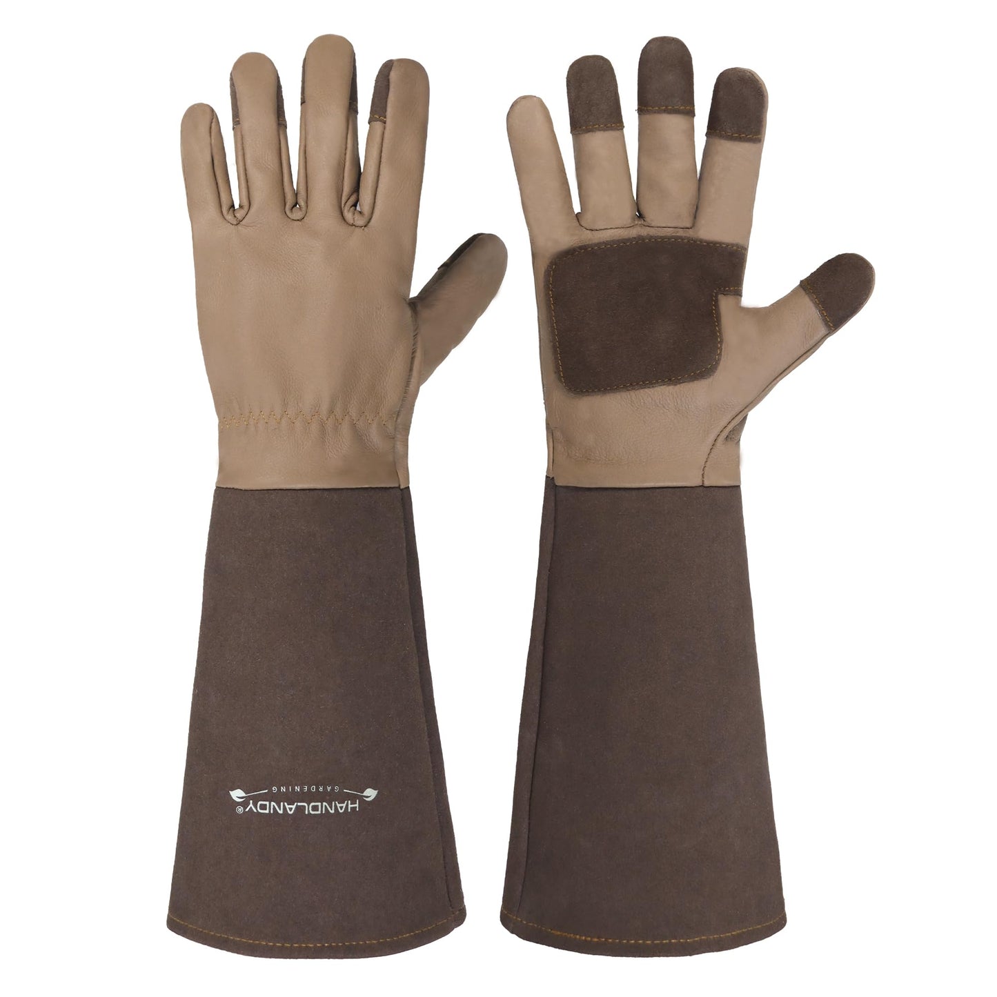 HANDLANDY Long Gardening Gloves for Men & Women, Cowhide Leather Rose Pruning Gloves- Breathable & Durable Gauntlet Glove (Small, Brown)