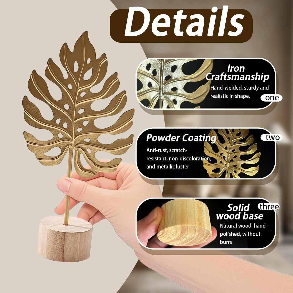 Uimoky Gold Leaf Home Decor Set - Metal Leaves Statues, Modern Artistic Sculptures for Living Room, Office, Shelf & Home Decorative, Handmade 3D Botanical Accents (Monstera, Feather, Ginkgo, 3PCS)
