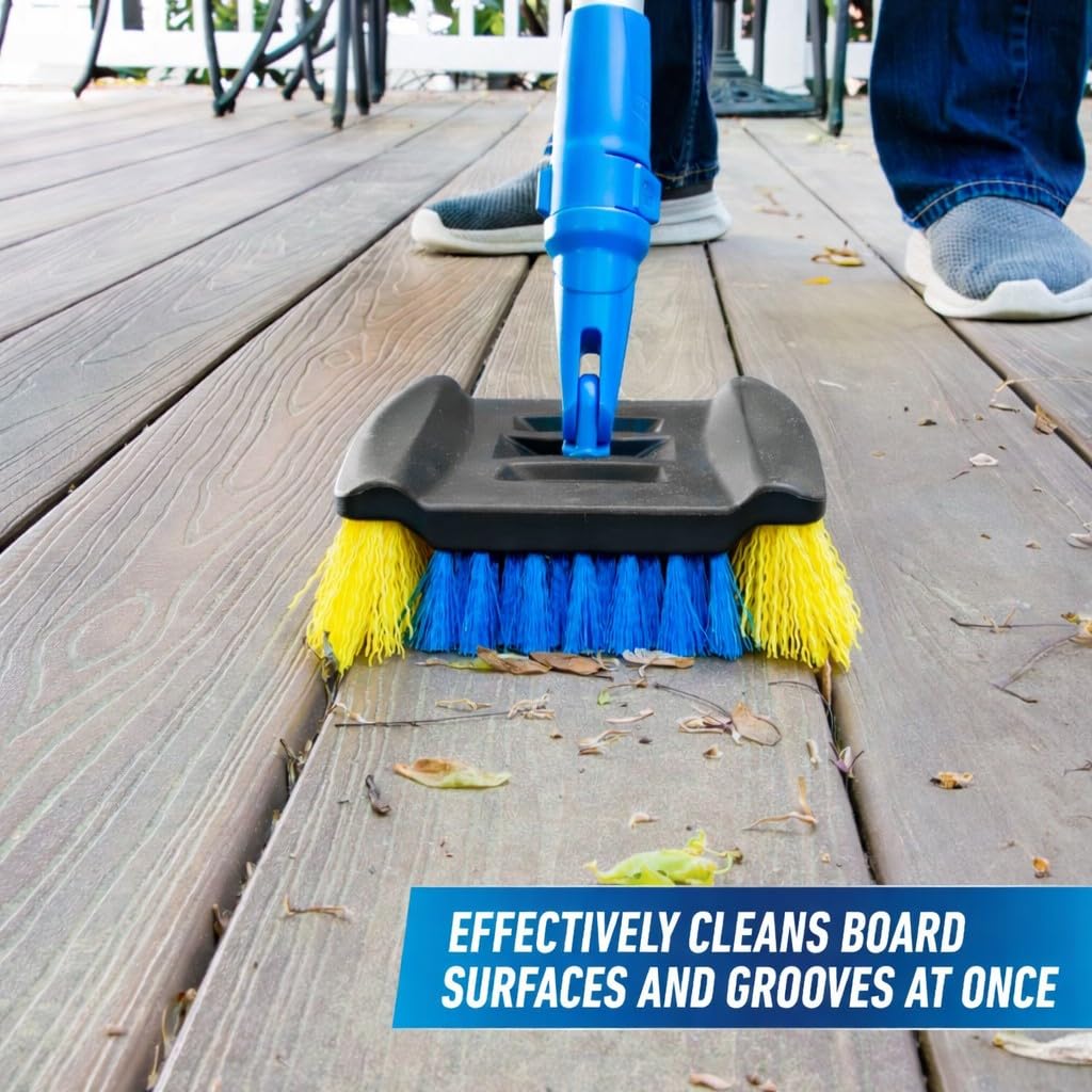 Unger Professional Lock-On Wood & Composite Deck Brush with EZ Extend Pro Telescopic Pole for Outdoor Decks with Durable Dual-Bristle, Swivel Deck Cleaning Brush, Adjustable 5 FT Pole Extends Reach