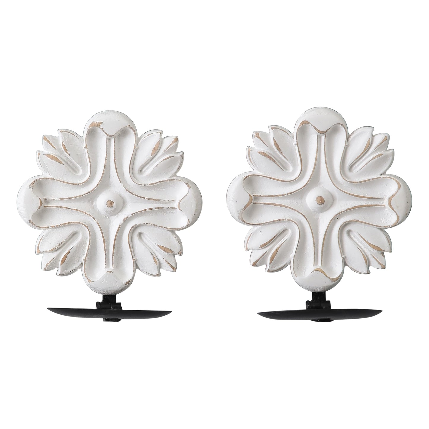 SOFE Small Wood Candle Sconces Set of 2, Carved Flower White Candle Holder for Pillar Candle, Rustic Candle Wall Holder, Living Room, Bedroom, Kitchen Art Wall Decor