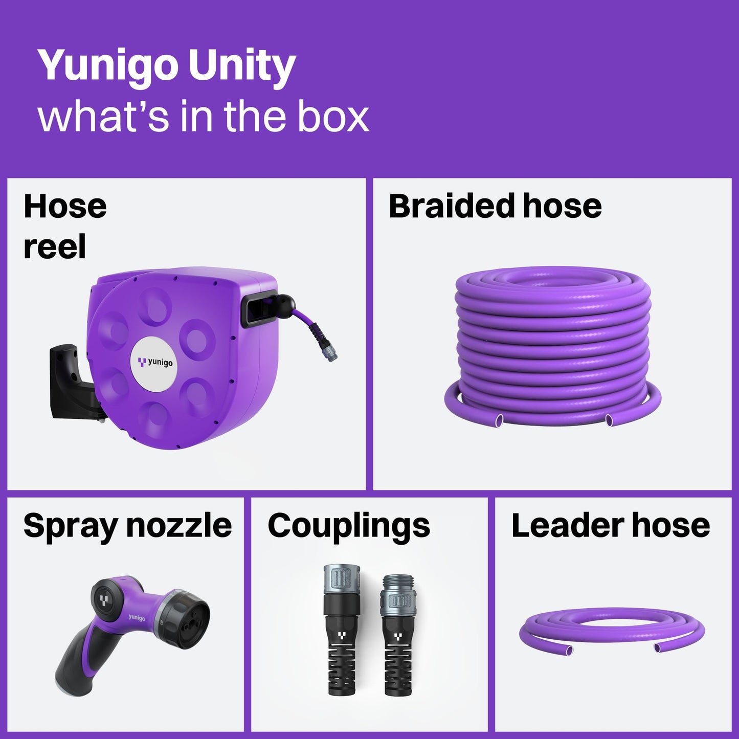 YUNIGO UNITY 100ft, Wall-Mounted Retractable Hose Reel, Slow Rewind, Complete System with Spray Nozzle, 180° Pivoting Mount, Fully Preassembled Compact System for Home & Garden Watering