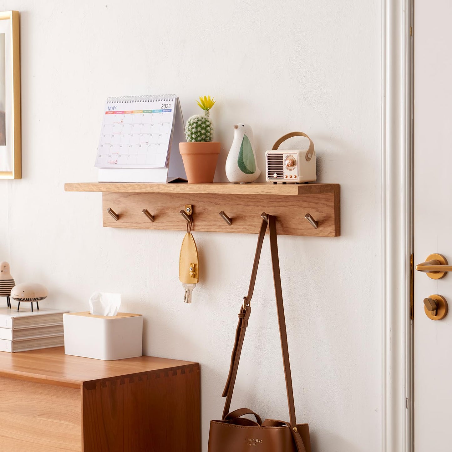 Oak Wood Wall Shelf with 6 Hooks, Entryway Shelf Coat Rack with Hooks Floating Shelves with Hooks for Clothes Hats Towel Purse Robes, Bathroom Mudroom Bedroom (27.5 inch)
