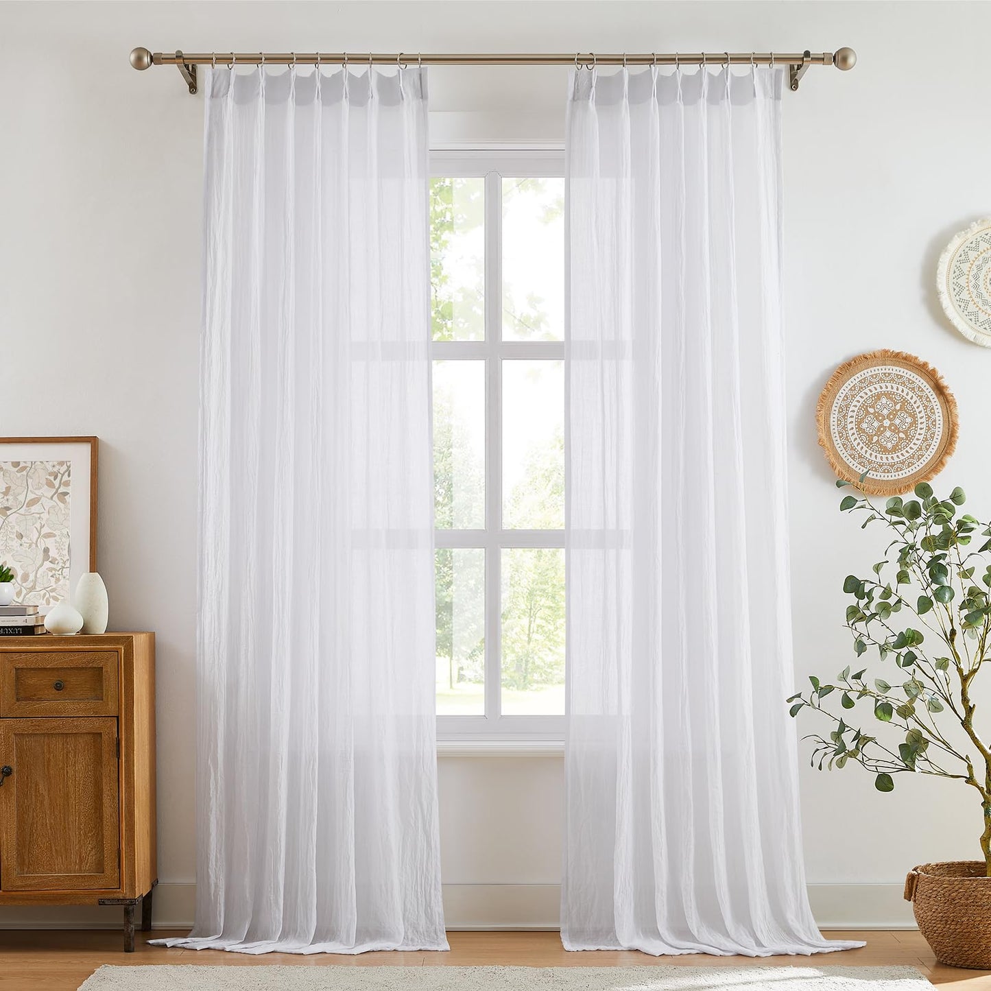 Melodieux Cotton Sheer Curtains 63 Inch Length 2 Panels, Light Filtering Pinch Pleated Cafe Curtains Panels, Back Tab Bedroom and Nursery Kitchen Drapes with Hooks, 40x63 Inch, White