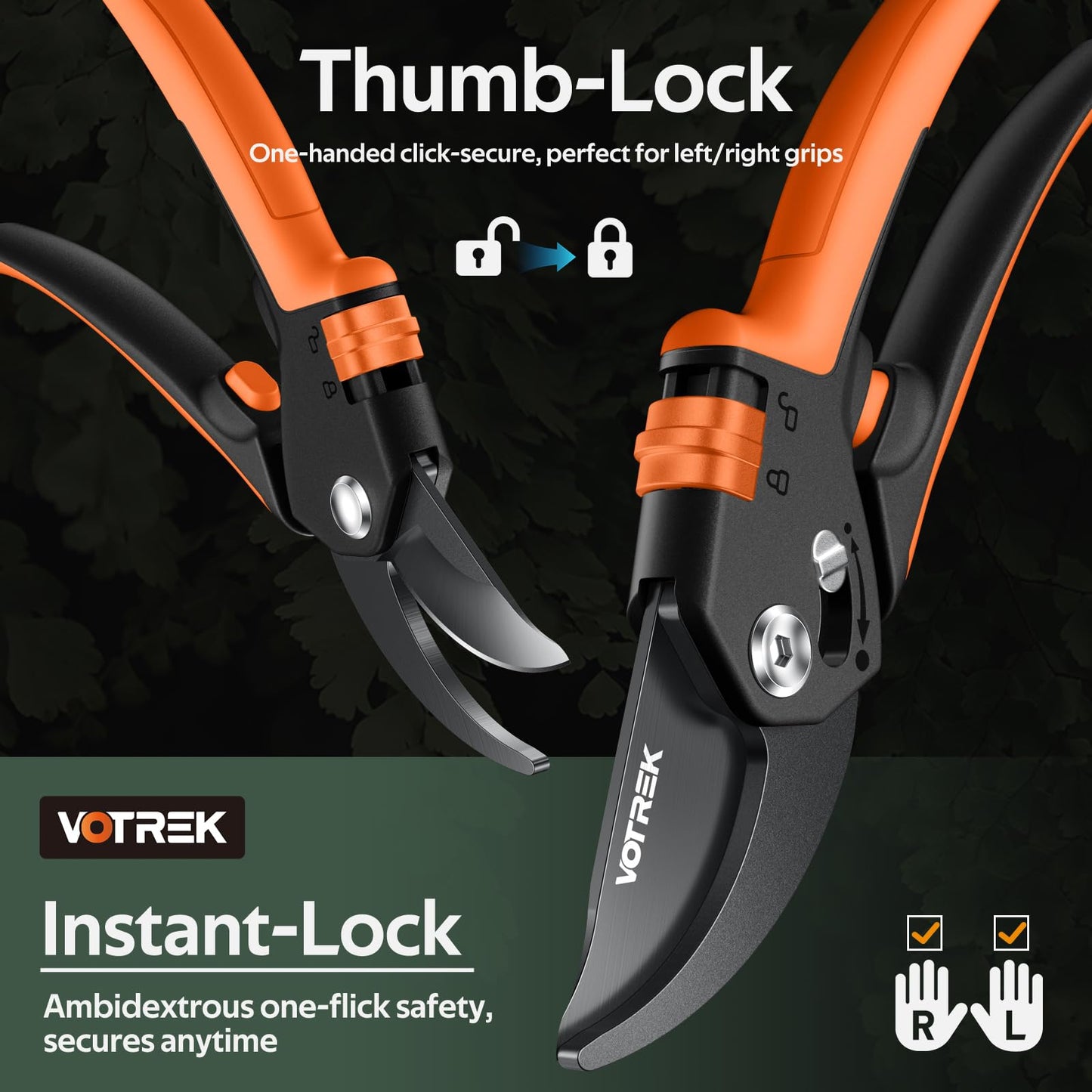 VOTREK® Pruning Shears, [Patented Stepless Handle Opening] - Garden Clippers with Ultra-Sharp SK5 Steel for Weak Hand, Bonsai Scissor Universal Fit for All Hand Sizes, Effortlessly Cut 1-Inch Branches