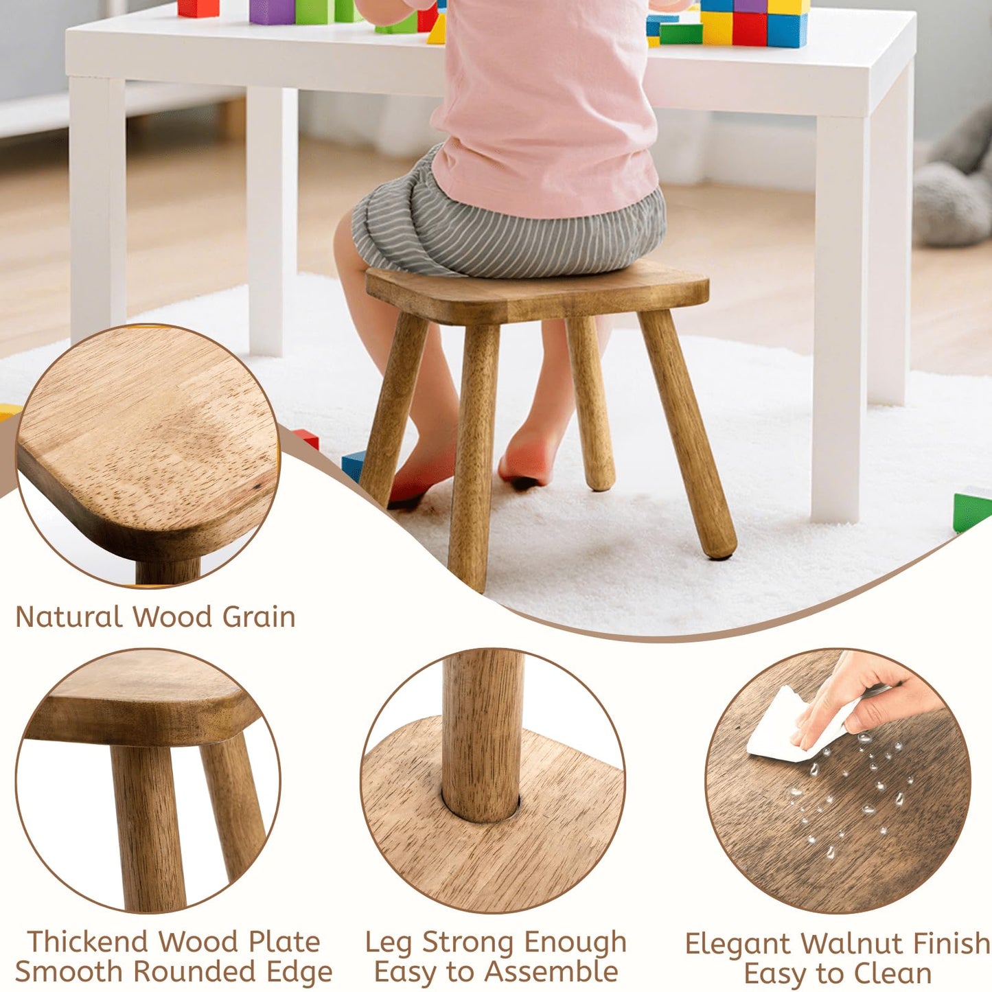 Youeon 12 Inch Square Solid Wooden Step Stool, Non-Slip One Step Stool for Adults, Holds up to 300 Lbs, Portable & Sturdy, Footstool for Bedroom, Bathroom, Kitchen, Easy to Assemble