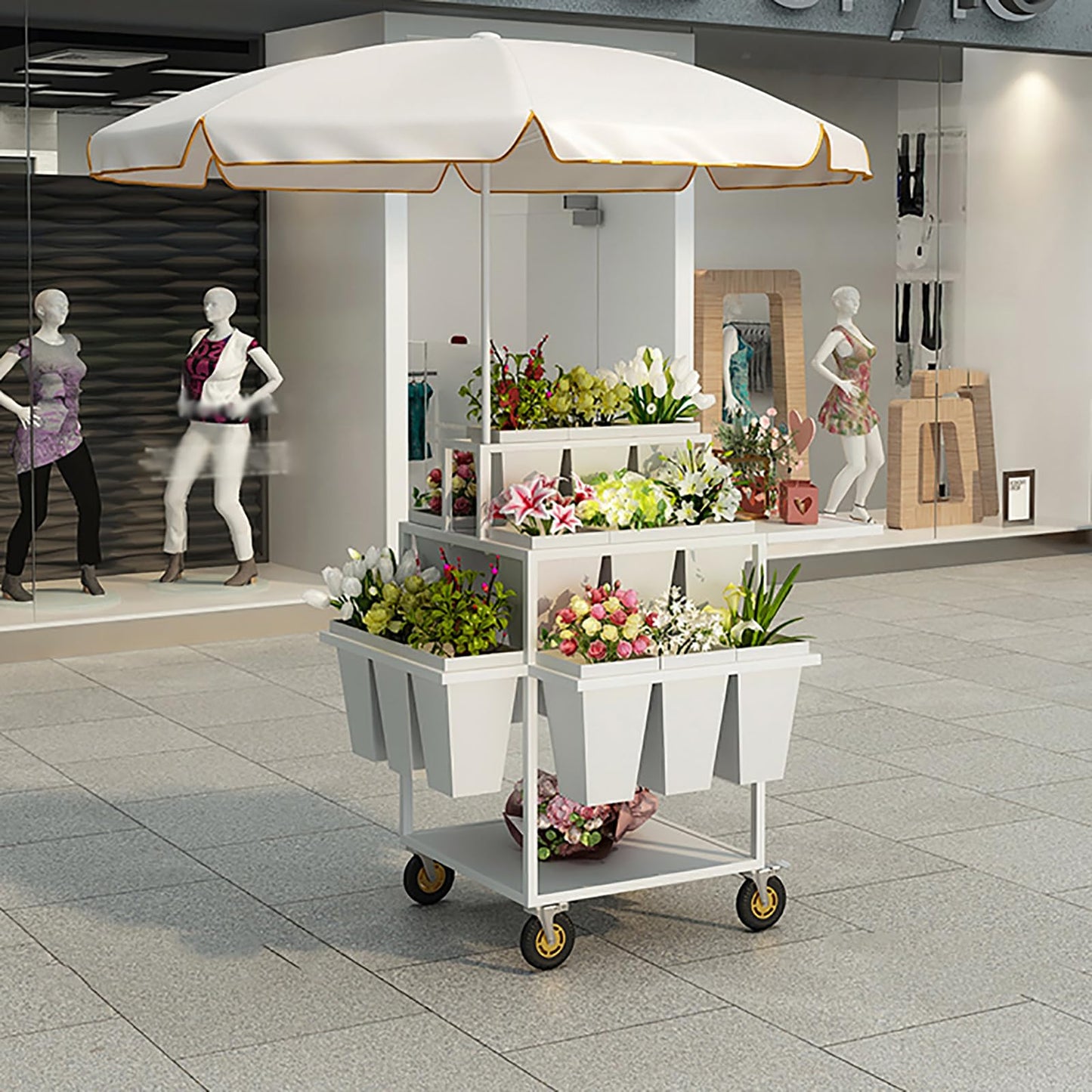 Metal Outdoor Flower Display Stand with Flower Display Stand with 18 Buckets, Flower Cart Display Stand with Wheels，Flower cart for Florist, Patio Garden(Color:Blue,Pink,White) (White)
