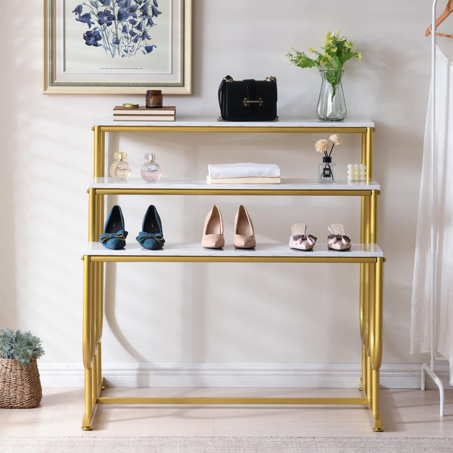HVIUED Heavy Duty Display Riser Stand, Tiered Shoes Bags Dolls, Display Table, Imitation marble Grain Planks Display Shelf(3 Tier)