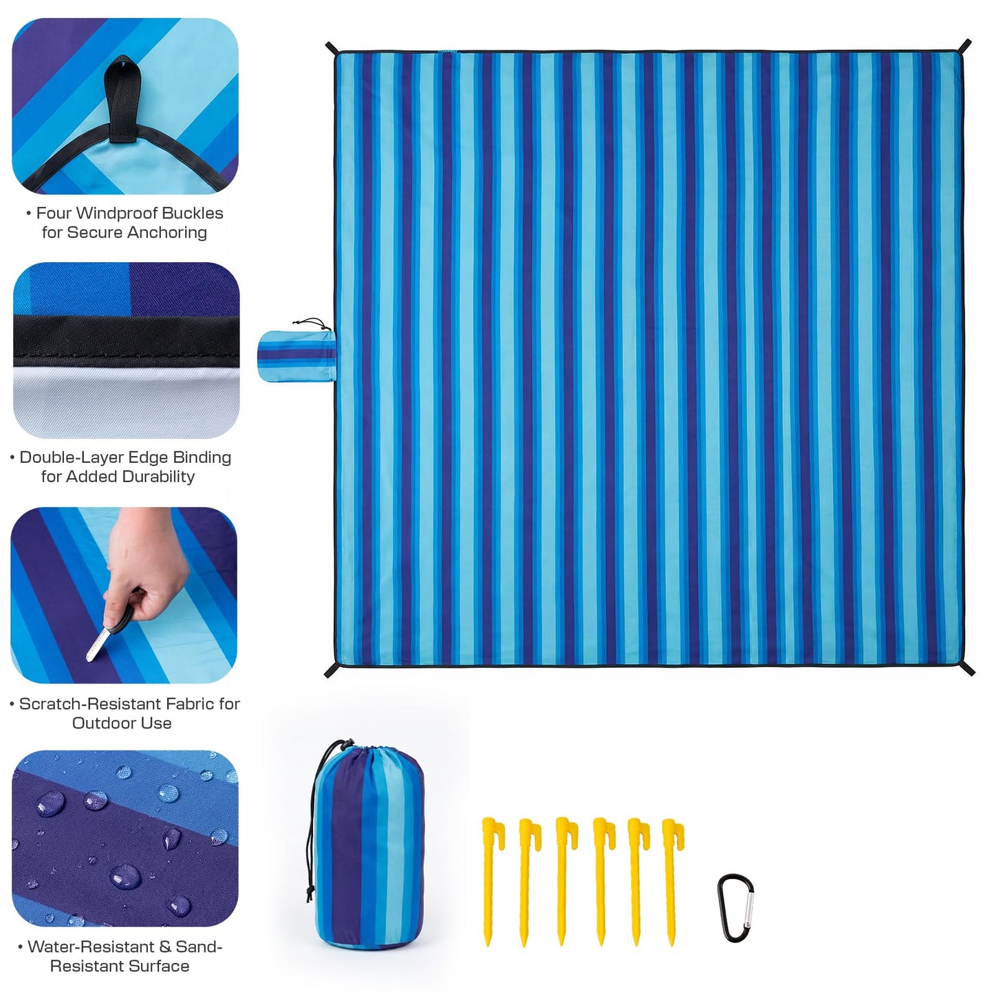 Beach Blanket Sandproof - Oversized Extra Large Waterproof Beach Mat for 3-4 People, Lightweight Sand Free Mat for Summer Vacation with 6 Stakes & 4 Corner Pockets for Beach, Camping 7x7ft Blue Stripe