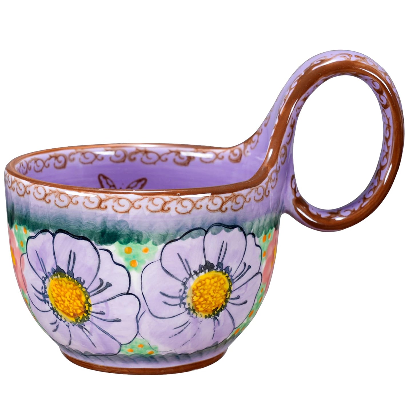 silesia Handmade Ceramic Soup Bowl with Loop Handle, Hand Painted Floral Cereal Bowl, Artisanal Soup Mug for Chili, Stew, Oatmeal, Microwave Safe, Glazed Purple