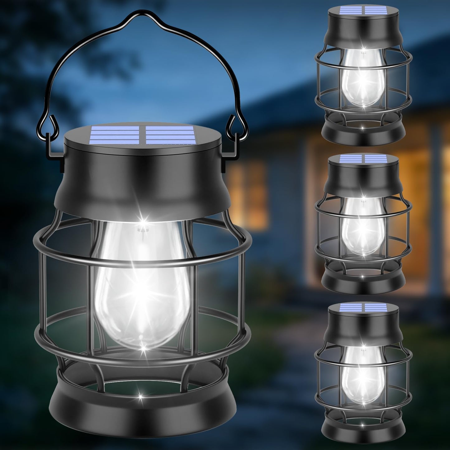 TomCare Solar Lanterns Lights Outdoor Waterproof 4 Pack Metal Hanging Solar Lights Lantern for Outdside Decorative Patio Porch Garden Lawn, Cool White