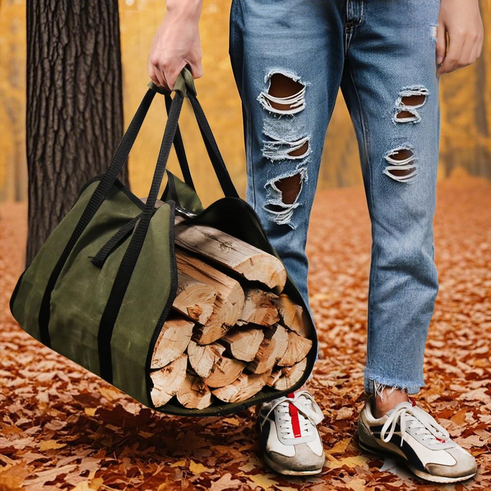 HRX Package Waxed Canvas Firewood Bag Carrier, Water Resistant Log Tote Wood Carrying Bag With Handles for Camping Trip Christmas Gift