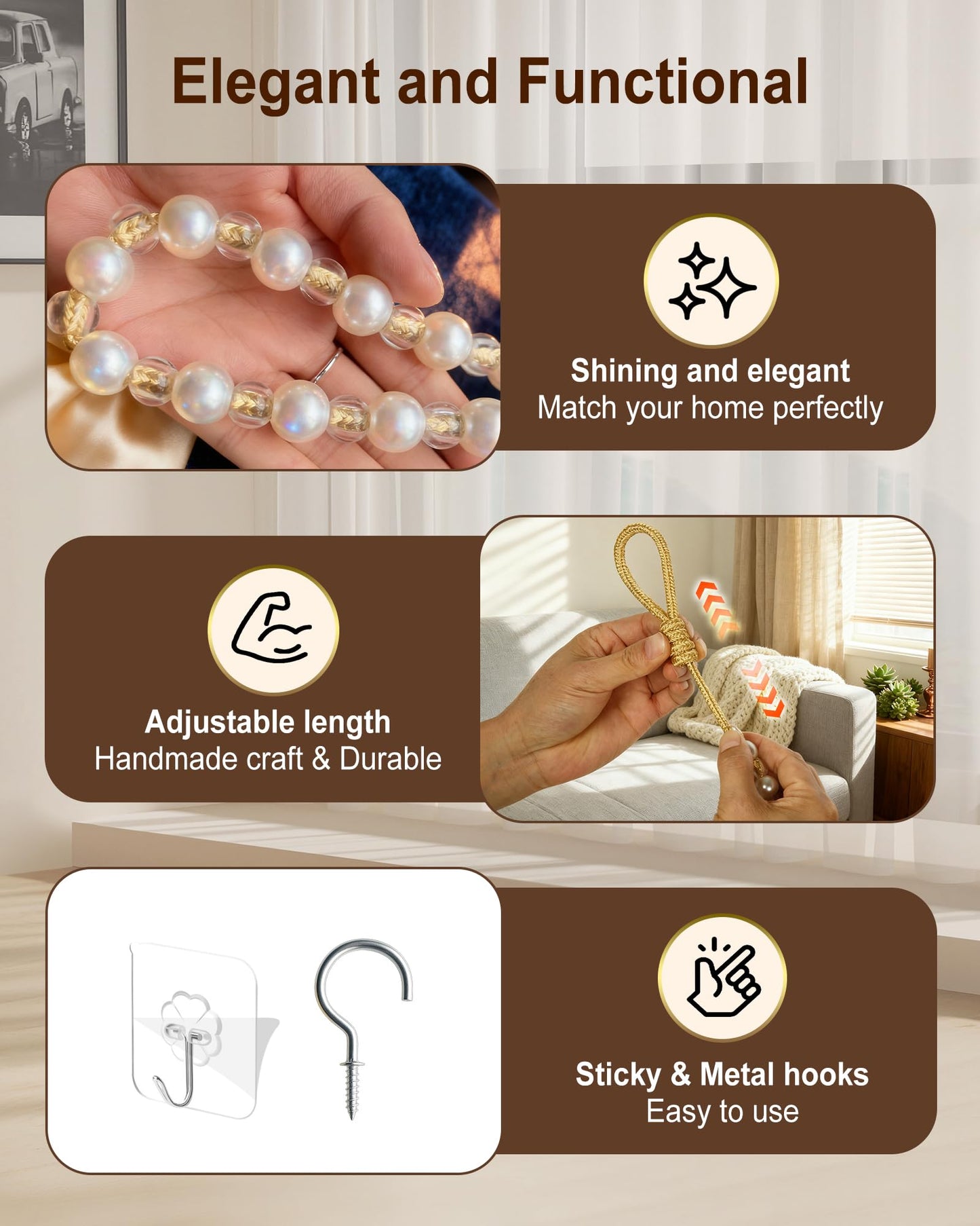 HOUOGROEM 1 Pack Curtain Tiebacks - Pearl Bead Curtain Holdbacks Wall Mounted with Hooks Tie Backs for Bedroom Decor Home Outdoor Office Beige