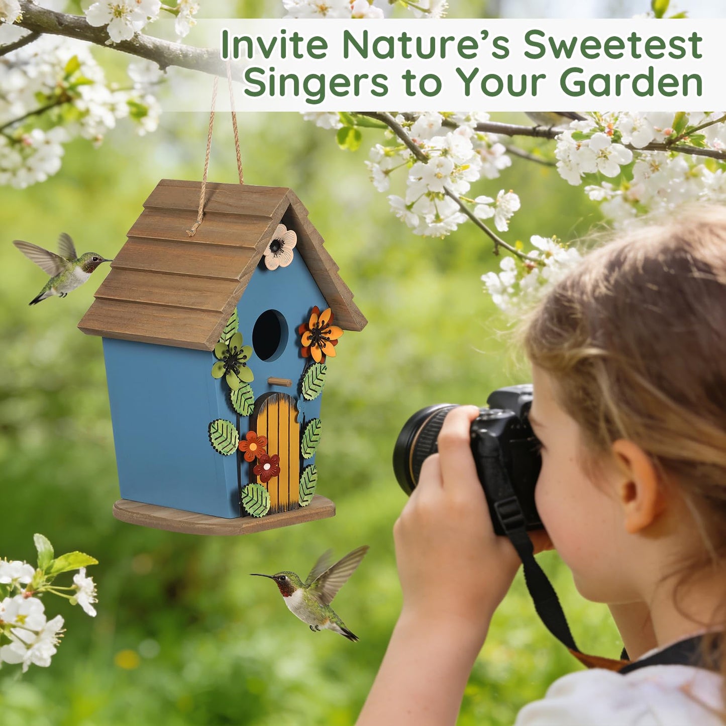 handrong Bird Houses for Outside,Wooden Blue Birdhouse,Decorative Birdhouses for Outdoors,Hanging Bird Houses,Bird Box Nest,Humming Bird House for Outside,Bird Gifts for Bird Lovers
