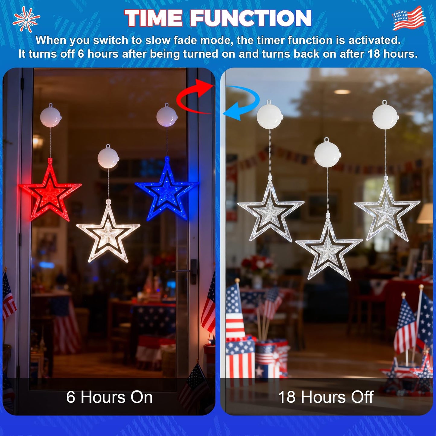 4th of July Window Lights with Timer, Red White Blue Star Lights Battery Operated with Suction Cup Hook, LED Hanging Patriotic Decor for Memorial Day Independence Day Home Room(Red White Blue)