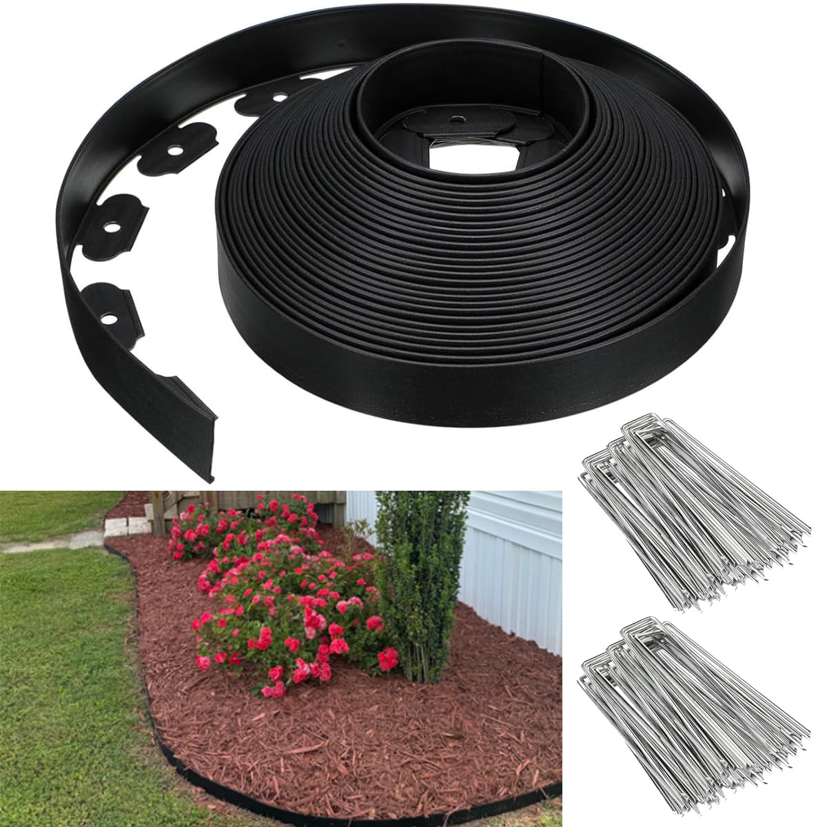 Landscape Edging 3 in x 49 FT, Garden Edging Borders with 75 Pieces Metal Stakes, Flexible Lawn Edging Border Kit, DIY Plastic Fence Edge for Tree, Yard, Flowerbeds,Grass,Landscaping, Path Way