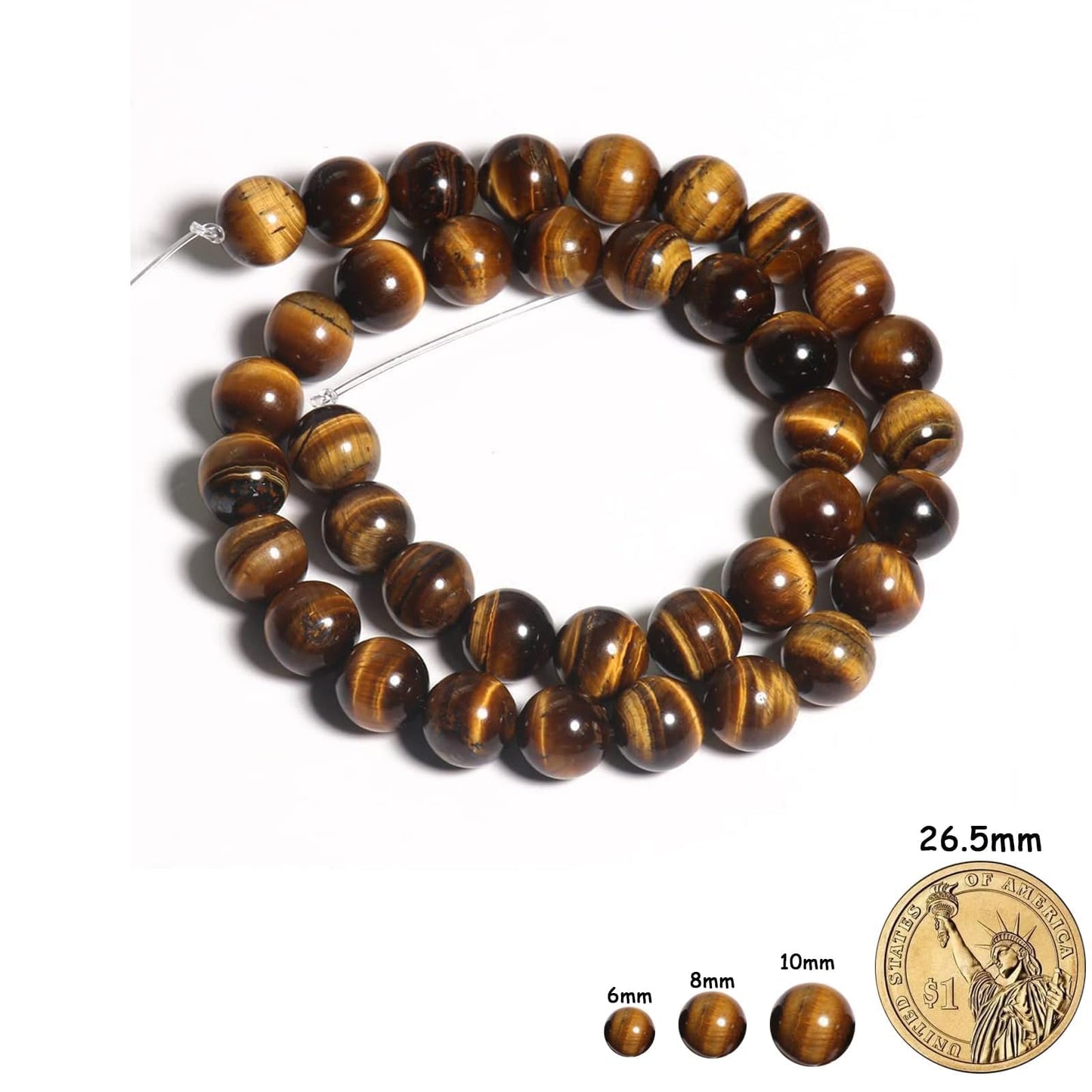 Yochus 45pcs Yellow Tiger Eye Beads，8mm Healing Power Natural Stone Round Loose Beads for Jewelry Making Earring Necklace DIY Crafts
