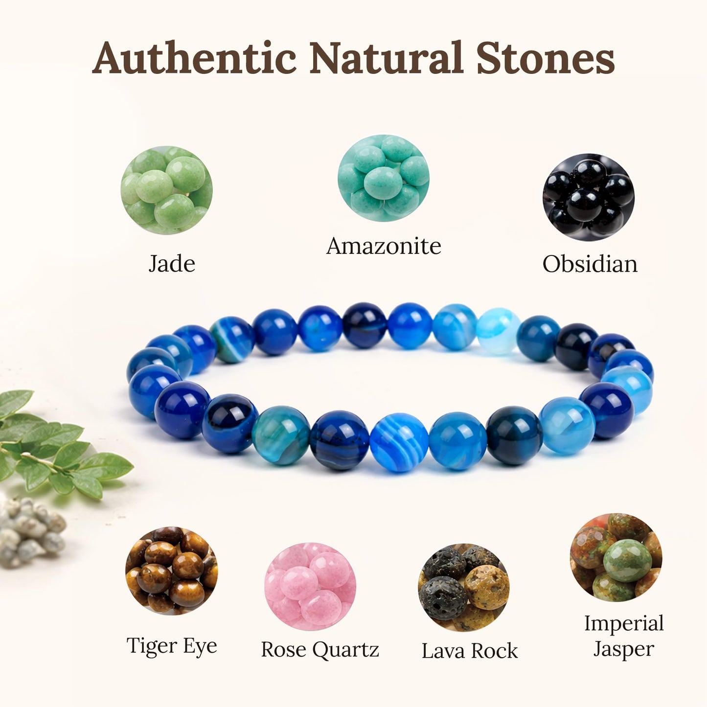 Elm City Direct 8mm Natural Stone Beaded Bracelet – Unisex Crystal Stretch Bracelets for Men & Women, Chakra & Healing Jewelry, Gift-Ready Beaded Bracelets (Blue Striped Agate, 8mm)