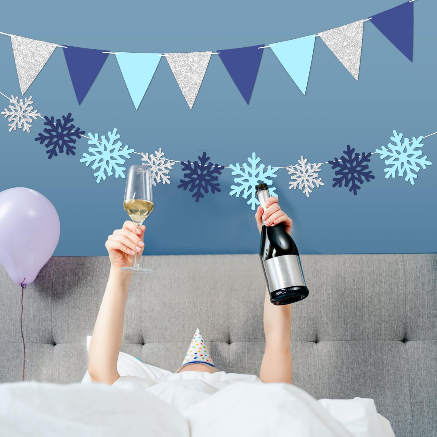 Vofrise 2Pack Blue and Silver Snowflake Banner Winter Wonderland Birthday Party Decorations Snow Themed Pennant Banner Flag Christmas Baby Shower Party Supplies