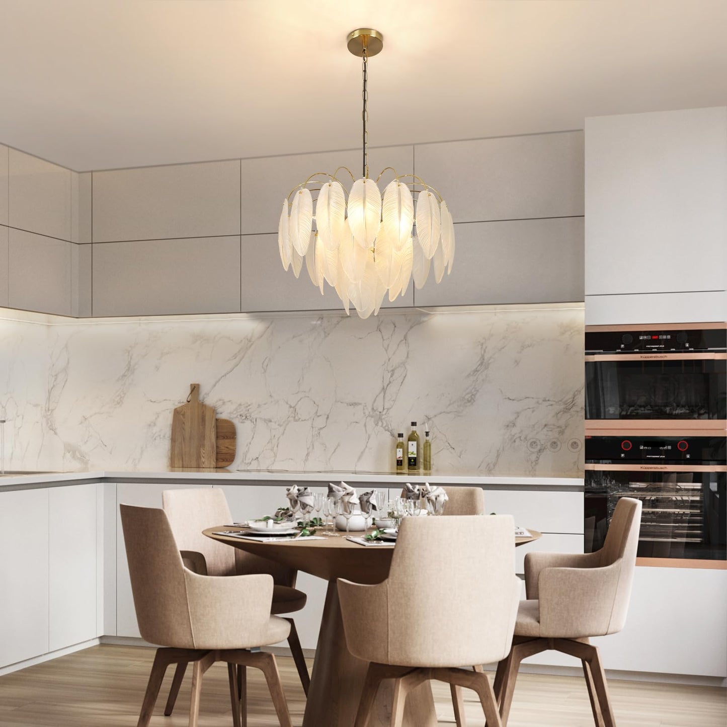 KELUOLY Modern Gold Chandelier, 19.29" Creativity Feather Glass Pendant Ceiling Light Fixtures 6-Light Round Chandelier Luxury 3 Tiers Hanging Chandelier for Dining Room Foyer Living Room Bedroom