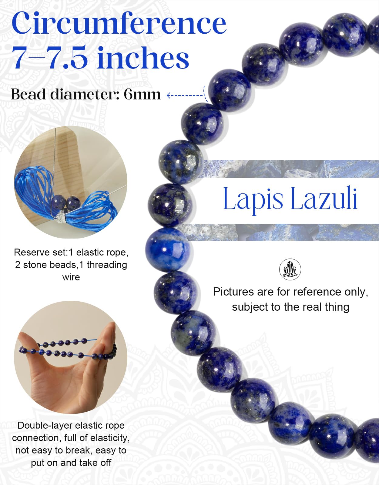 Landorilo Beaded Bracelet for Men Women, 6mm Natural Stone Lapis Lazuli Healing Crystal Stretch Bracelets, Ideal Christmas Birthday Jewelry Gifts with Energy Card，Replacement Beads Included