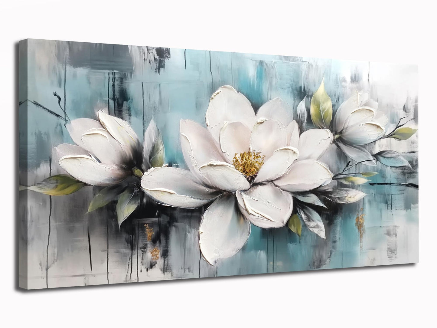 Ardemy Magnolia Wall Art for Living Room, Teal Large White Floral Canvas Wall Art Bedroom Painting Textured Picture Wall Decor Flower Artwork for Wall Decor Home Office Dining Room 40"x20"
