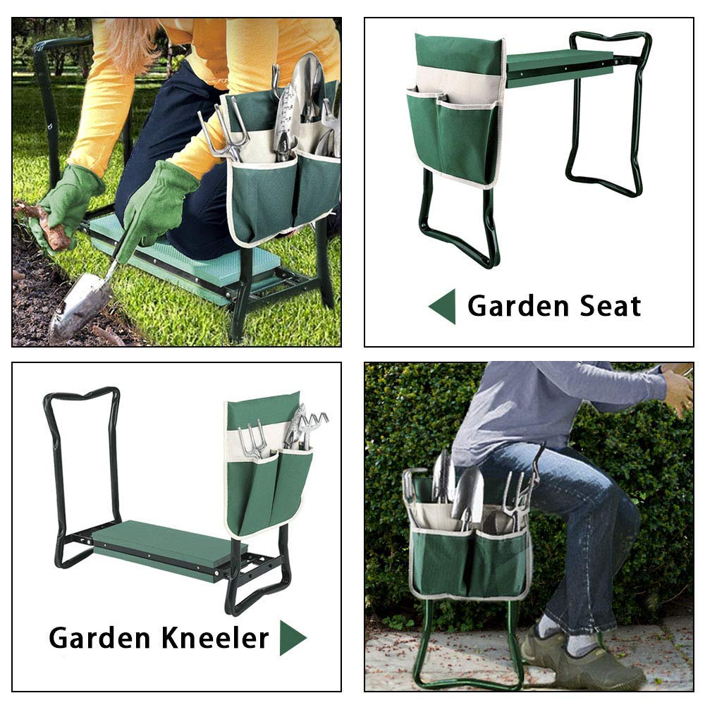 PLKO Garden Kneeler and Seat Stool Heavy Duty Garden Folding Bench with Large Tool Pocket and Soft EVA Kneeling Pad for Gardening Lovers